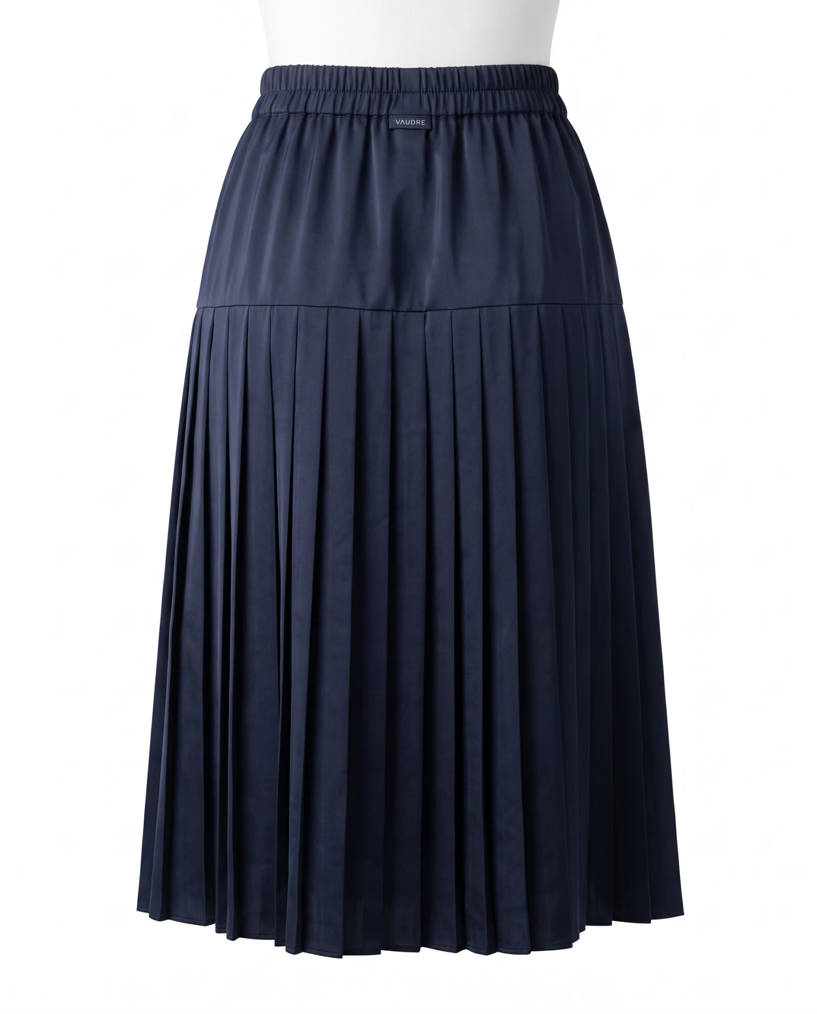 Navy Drop-Yoke Pleated Midi Skirt — Navy Blue Midnight Navy — the skirts — VAUDRE numbered luxury — view 3