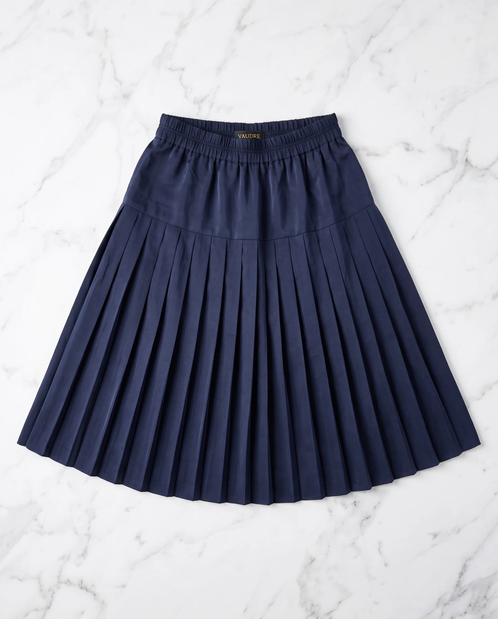 Navy Drop-Yoke Pleated Midi Skirt — Navy Blue Midnight Navy — the skirts — VAUDRE numbered luxury — view 2