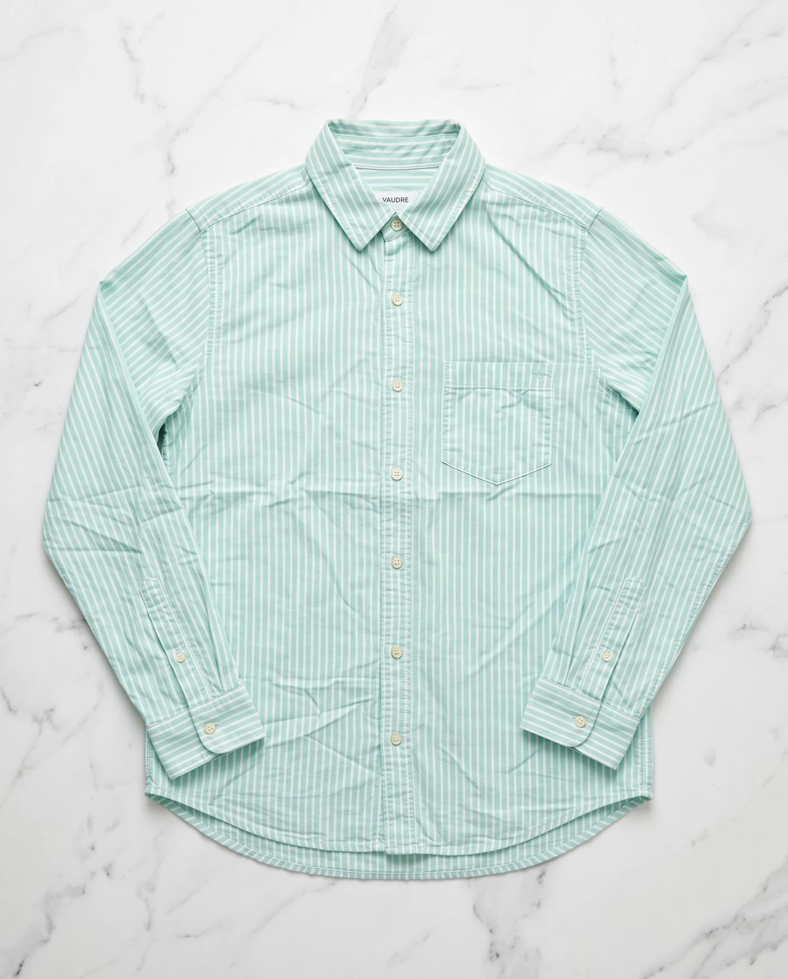 Seafoam Green Stripe Long-Sleeve Cotton Shirt — Seafoam Green Mint Green & Ivory White — the shirt (casual/formal) — VAUDRE numbered luxury — view 3