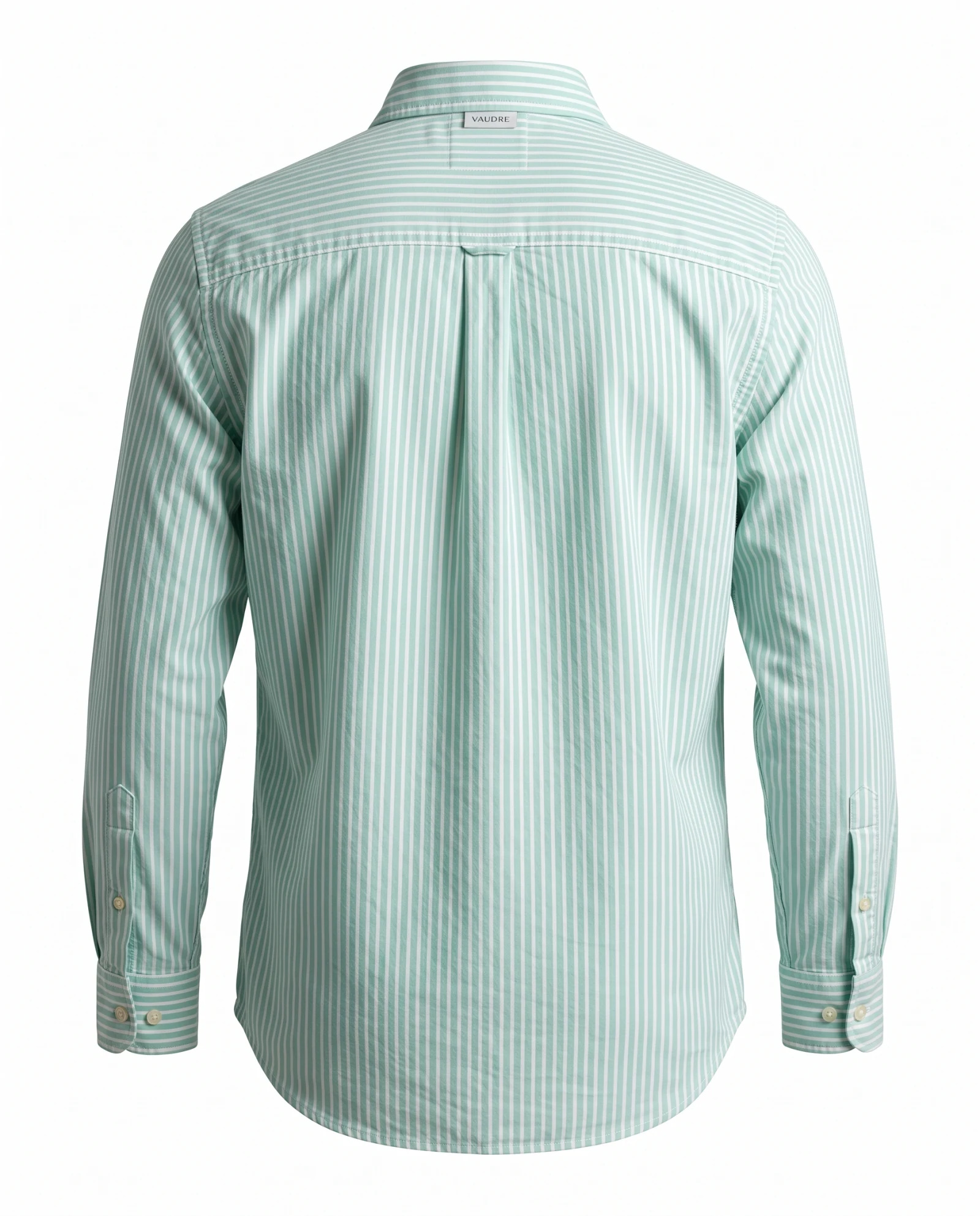 Seafoam Green Stripe Long-Sleeve Cotton Shirt — Seafoam Green Mint Green & Ivory White — the shirt (casual/formal) — VAUDRE numbered luxury — view 4