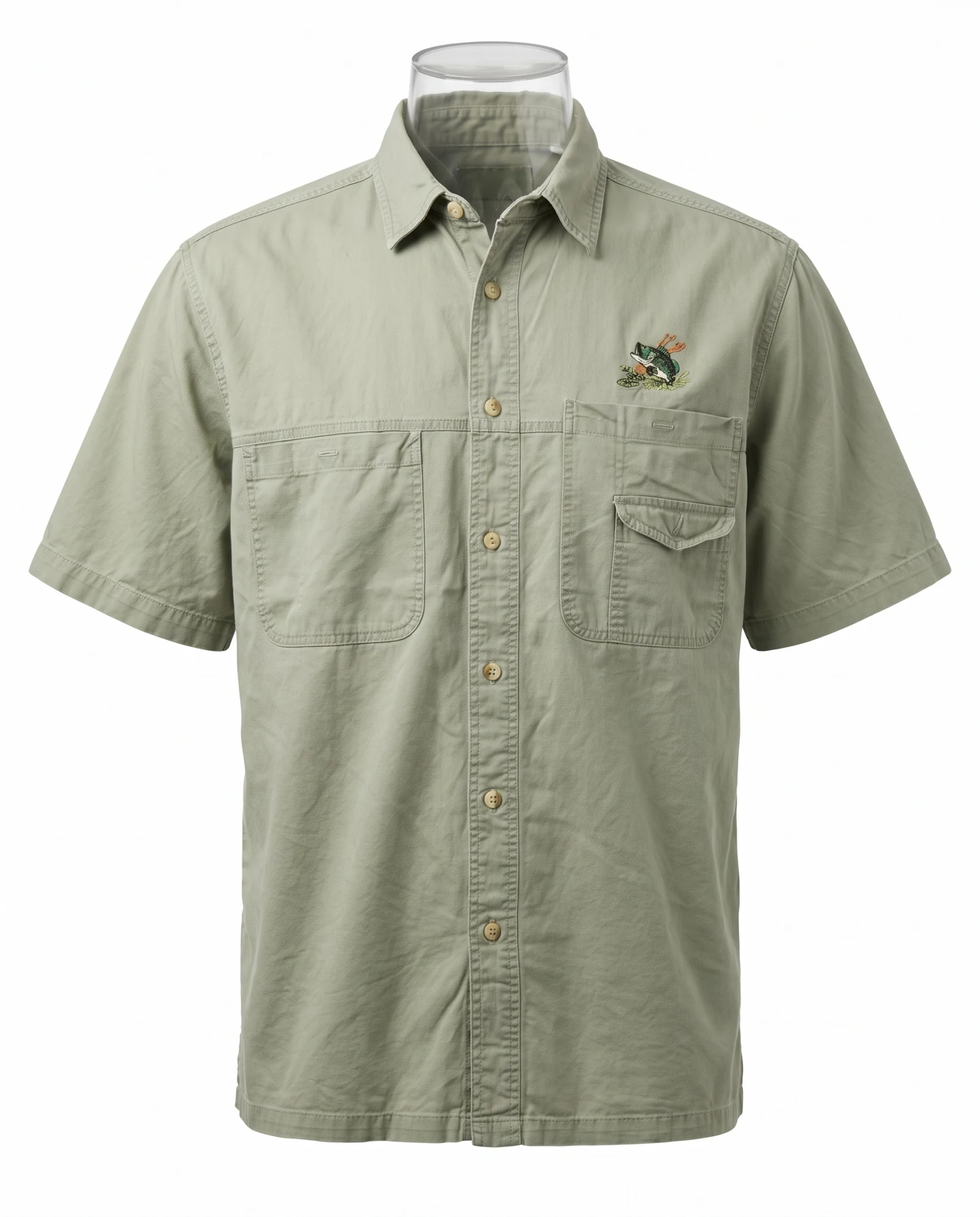 Sage Green Bass Embroidered Fishing Shirt — Sage Green Washed Olive — the shirt (casual/formal) — VAUDRE numbered luxury