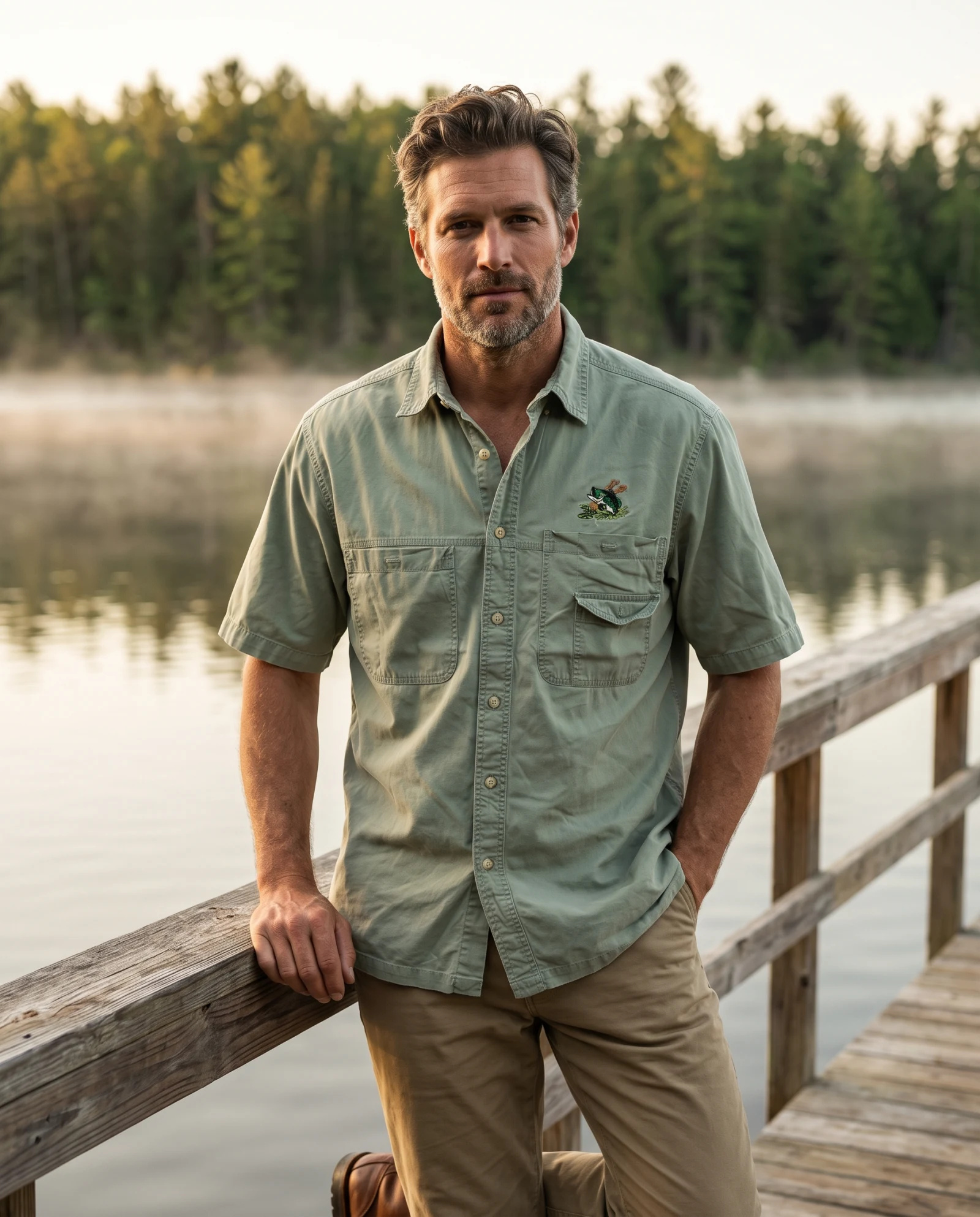 Sage Green Bass Embroidered Fishing Shirt — Sage Green Washed Olive — the shirt (casual/formal) — VAUDRE numbered luxury — view 2