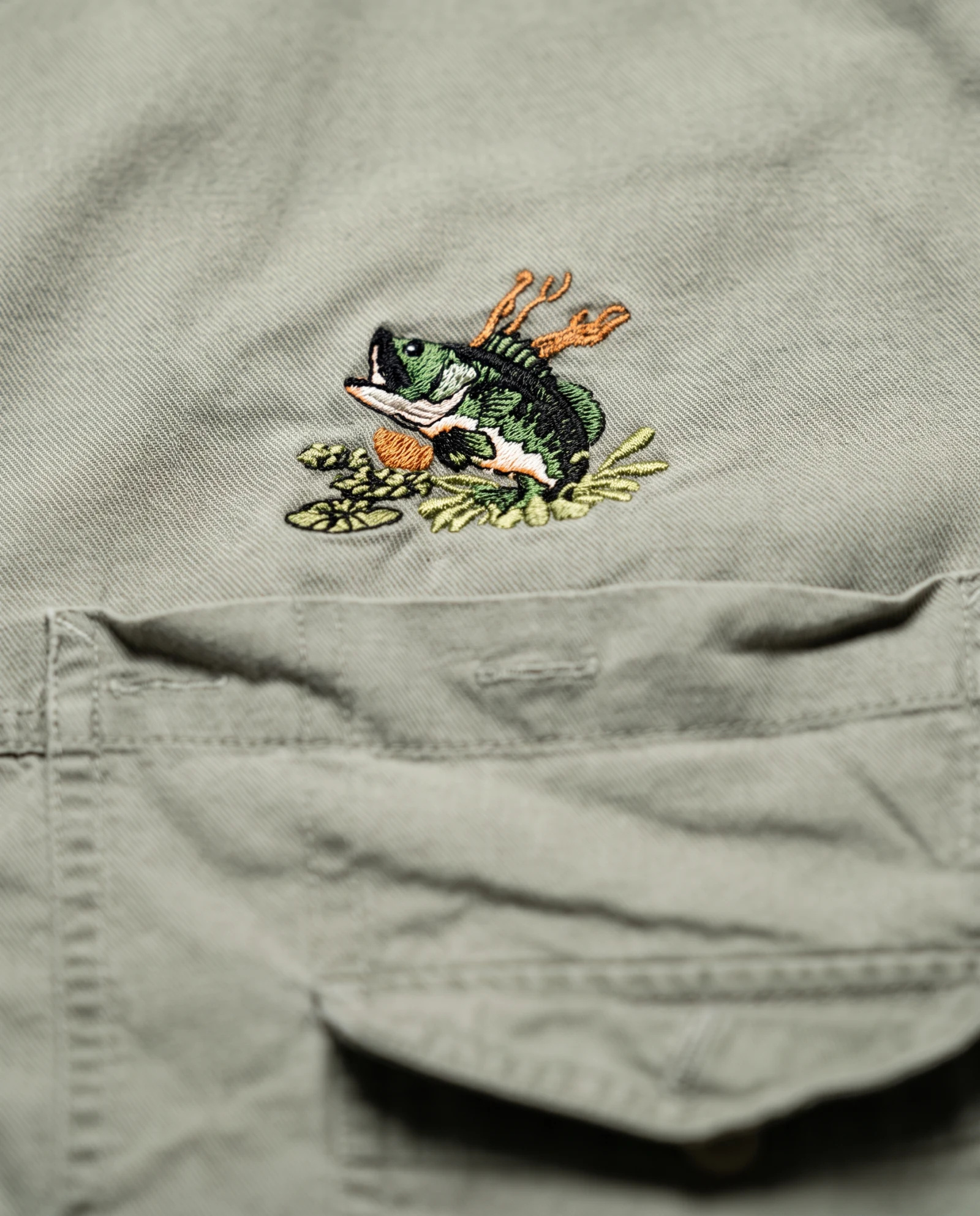 Sage Green Bass Embroidered Fishing Shirt — Sage Green Washed Olive — the shirt (casual/formal) — VAUDRE numbered luxury — view 4