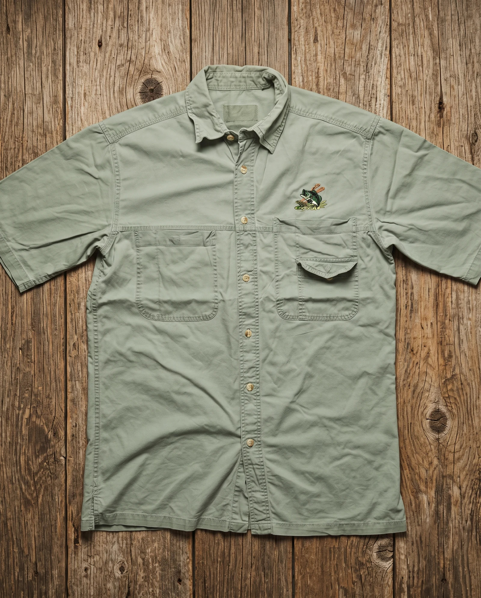 Sage Green Bass Embroidered Fishing Shirt — Sage Green Washed Olive — the shirt (casual/formal) — VAUDRE numbered luxury — view 5