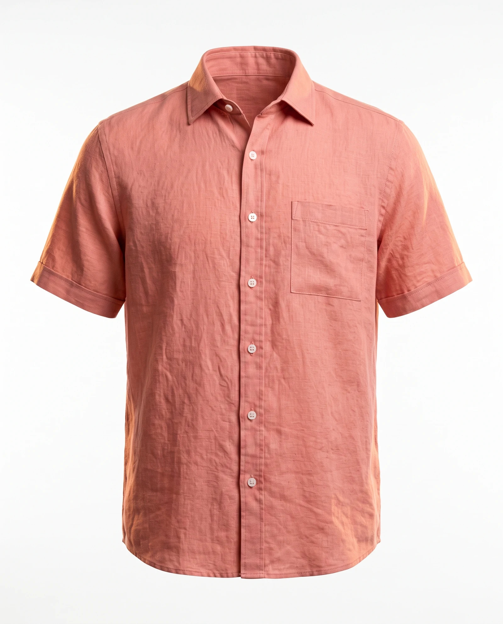 Terracotta Rose Short-Sleeve Linen Shirt — Terracotta Rose Coral Clay (Dusty Pink — the linen — VAUDRE numbered luxury