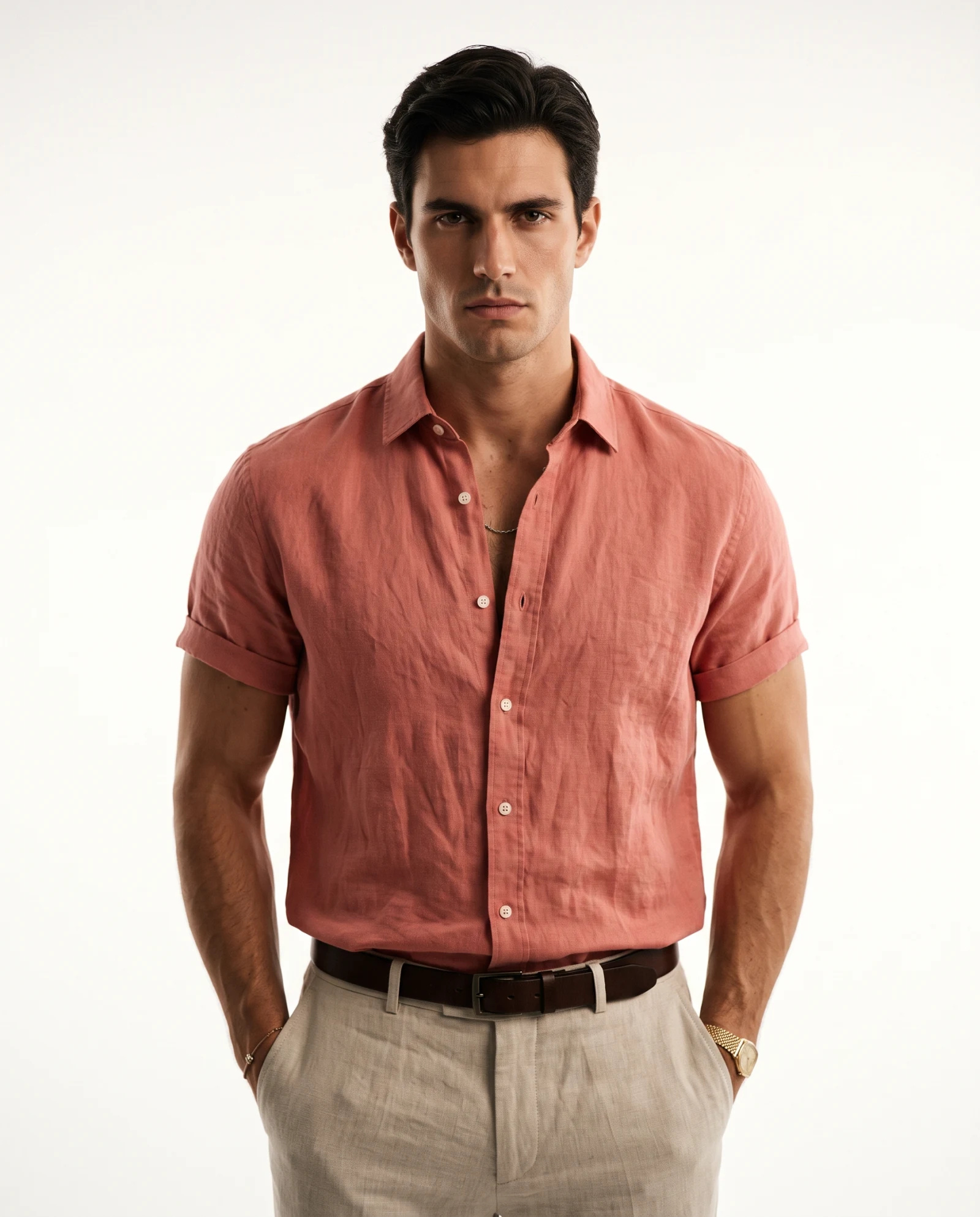 Terracotta Rose Short-Sleeve Linen Shirt — Terracotta Rose Coral Clay (Dusty Pink — the linen — VAUDRE numbered luxury — view 2