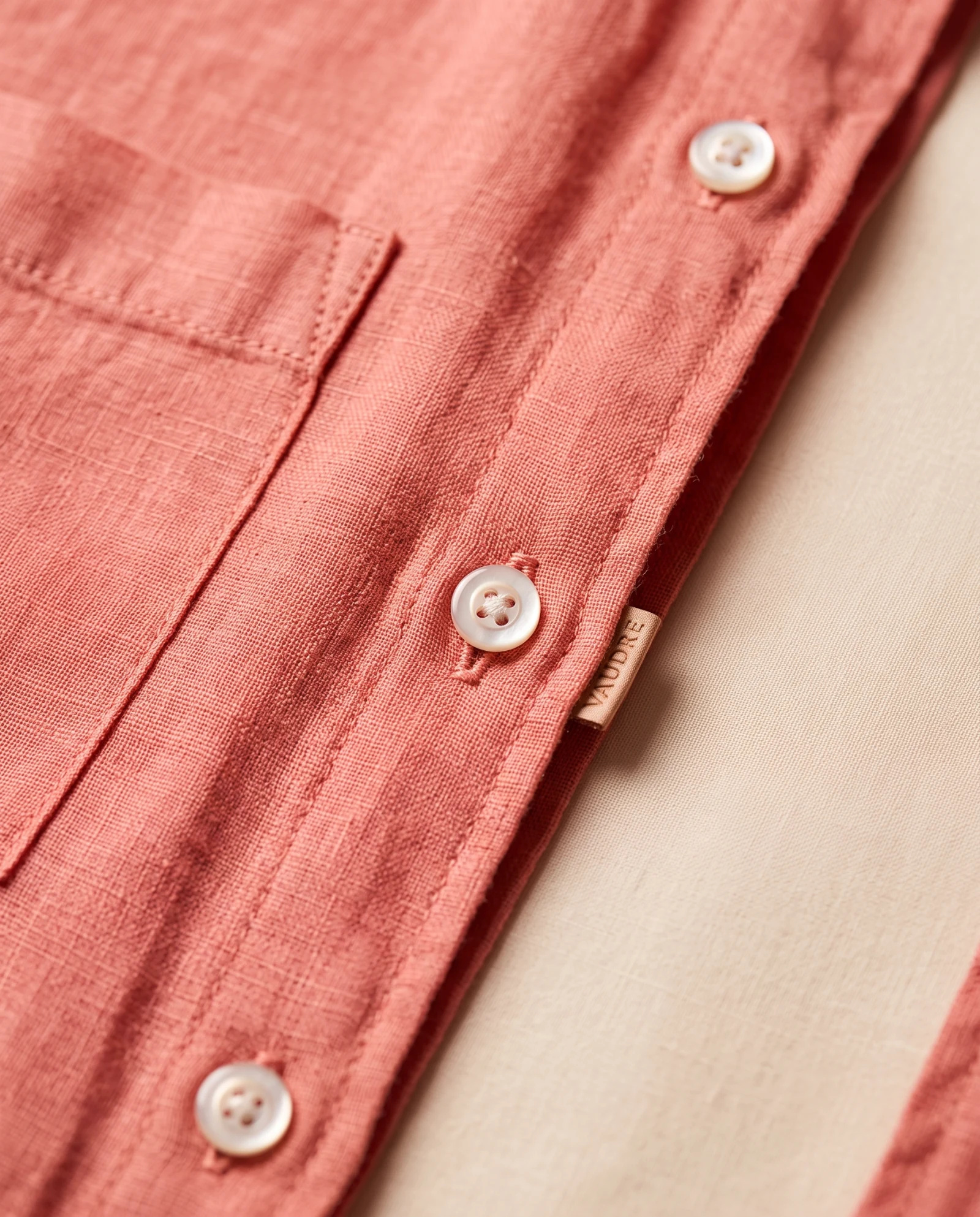 Terracotta Rose Short-Sleeve Linen Shirt — Terracotta Rose Coral Clay (Dusty Pink — the linen — VAUDRE numbered luxury — view 4