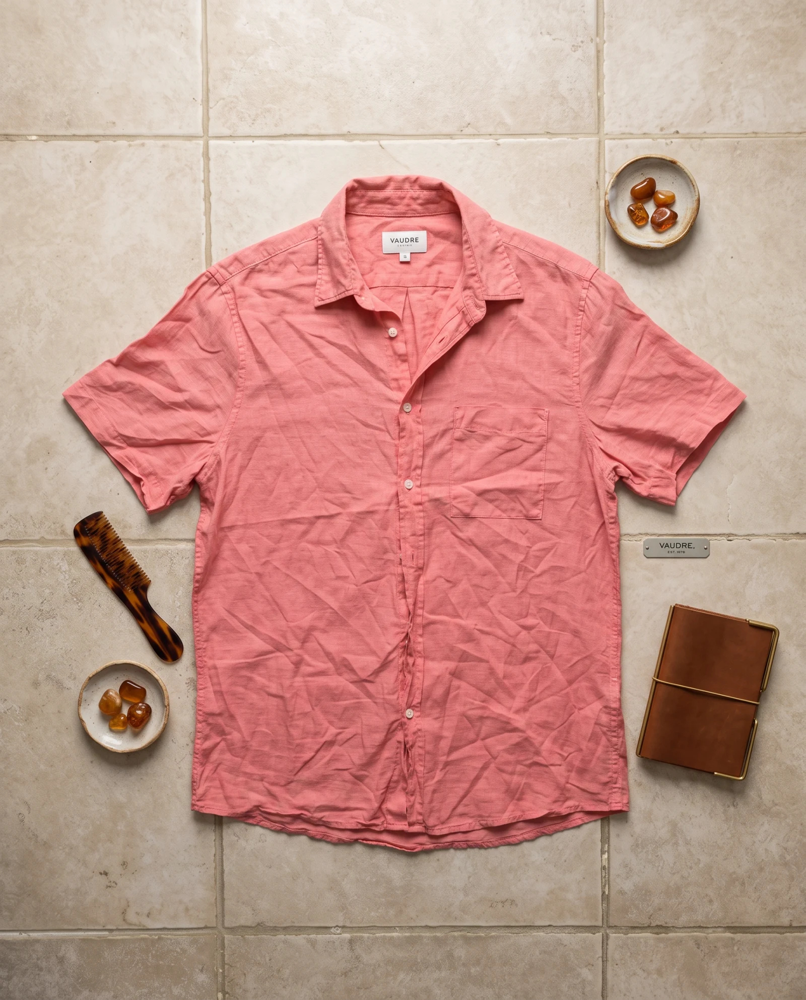 Terracotta Rose Short-Sleeve Linen Shirt — Terracotta Rose Coral Clay (Dusty Pink — the linen — VAUDRE numbered luxury — view 5