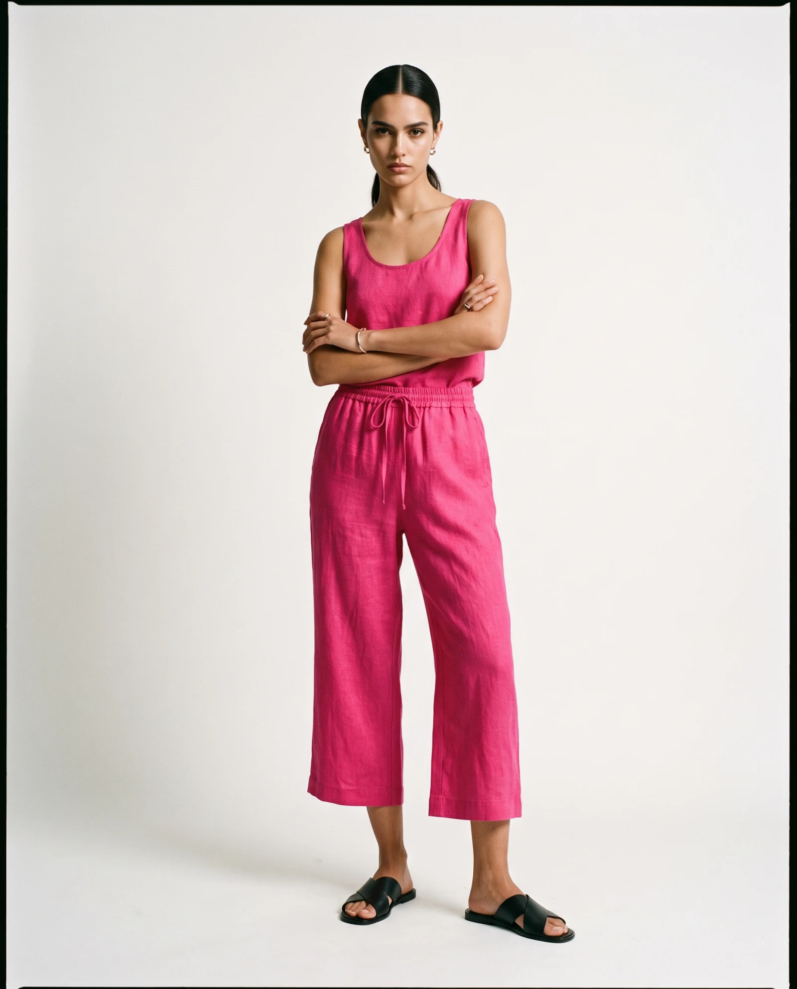 Fuchsia Pink Wide-Leg Cropped Linen Trousers — Fuchsia Pink Magenta — the linen edit — VAUDRE numbered luxury — view 3