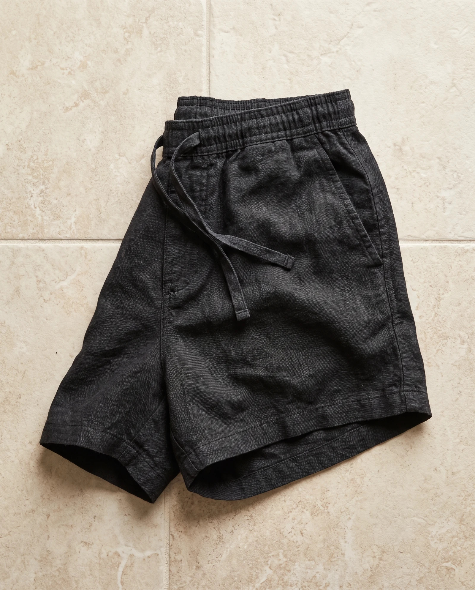 Charcoal Black Drawstring Linen Shorts — Charcoal Black Washed Black — sports wear — VAUDRE numbered luxury — view 4