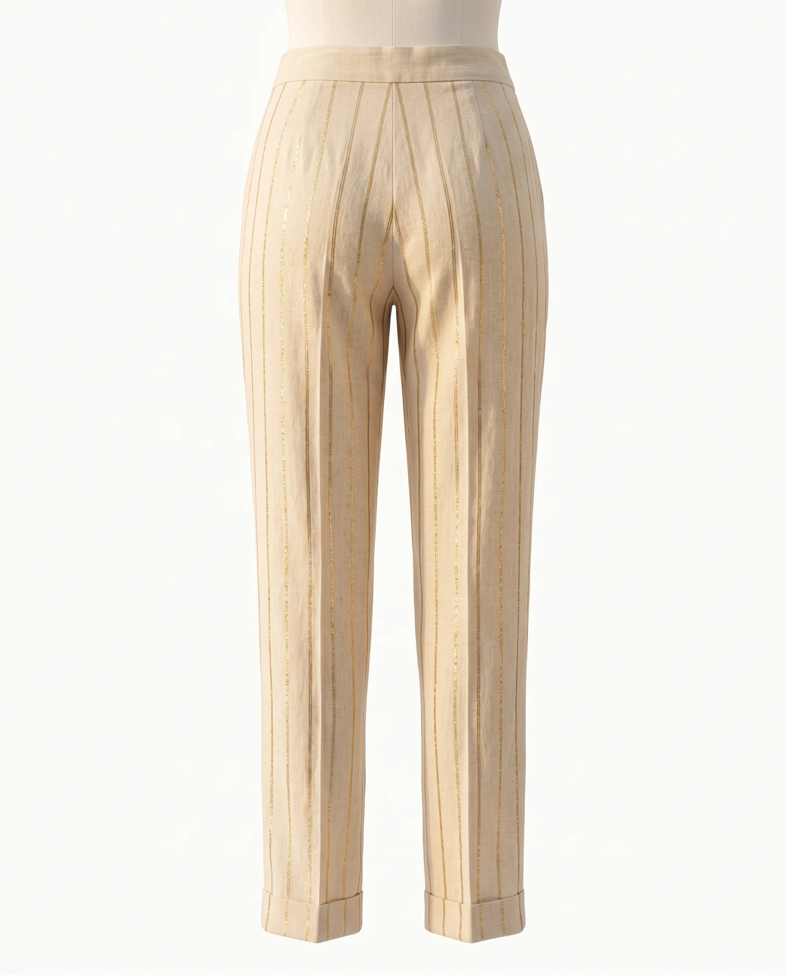 Sand Beige Gold-Stripe Tapered Linen Trousers — Sand Beige Natural Ecru with Metallic — the linen edit — VAUDRE numbered luxury
