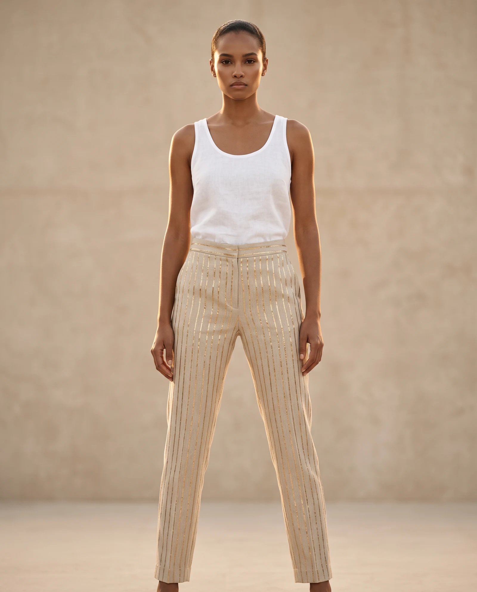 Sand Beige Gold-Stripe Tapered Linen Trousers — Sand Beige Natural Ecru with Metallic — the linen edit — VAUDRE numbered luxury — view 2