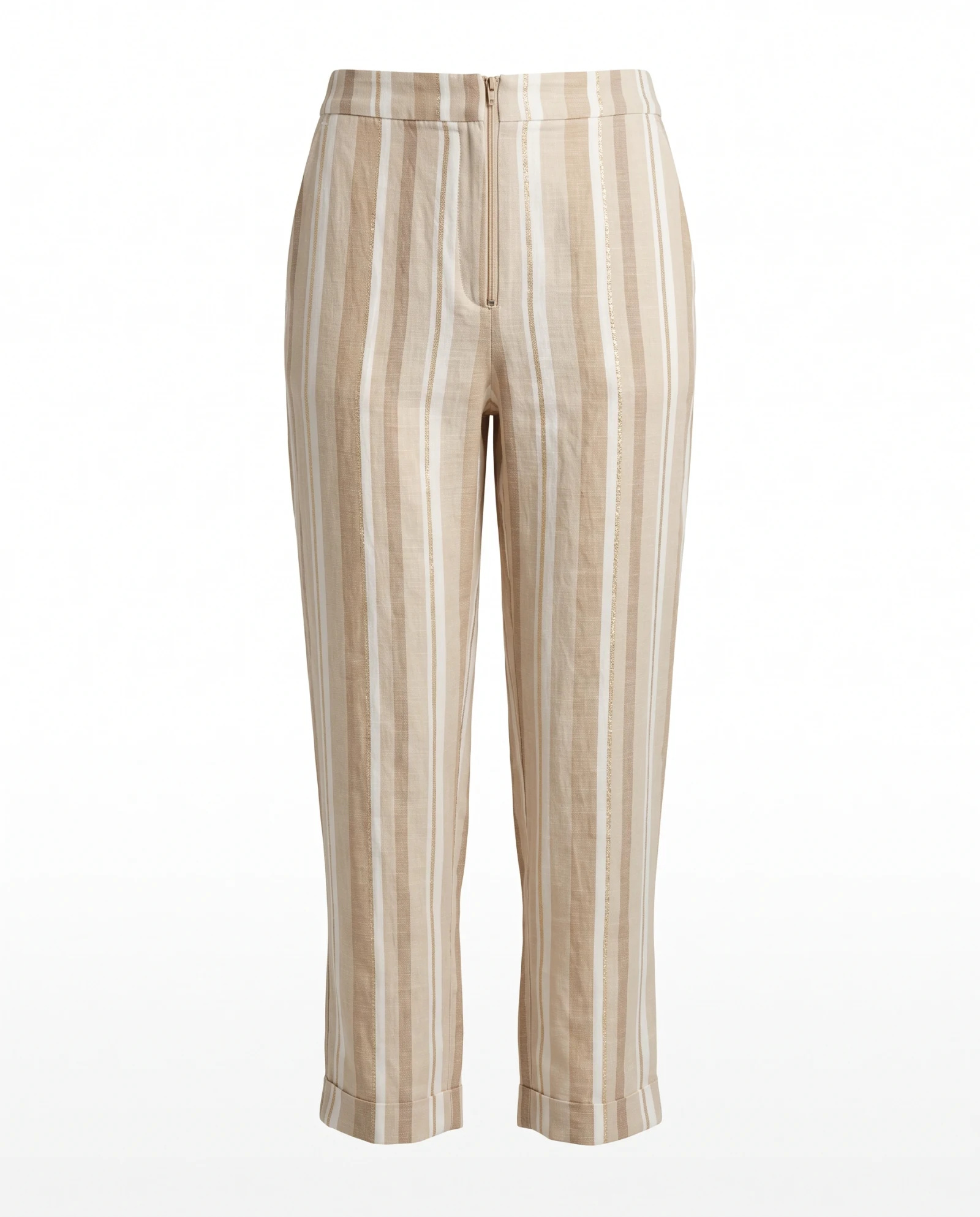 Sand Beige Gold-Stripe Tapered Linen Trousers — Sand Beige Natural Ecru with Metallic — the linen edit — VAUDRE numbered luxury — view 3
