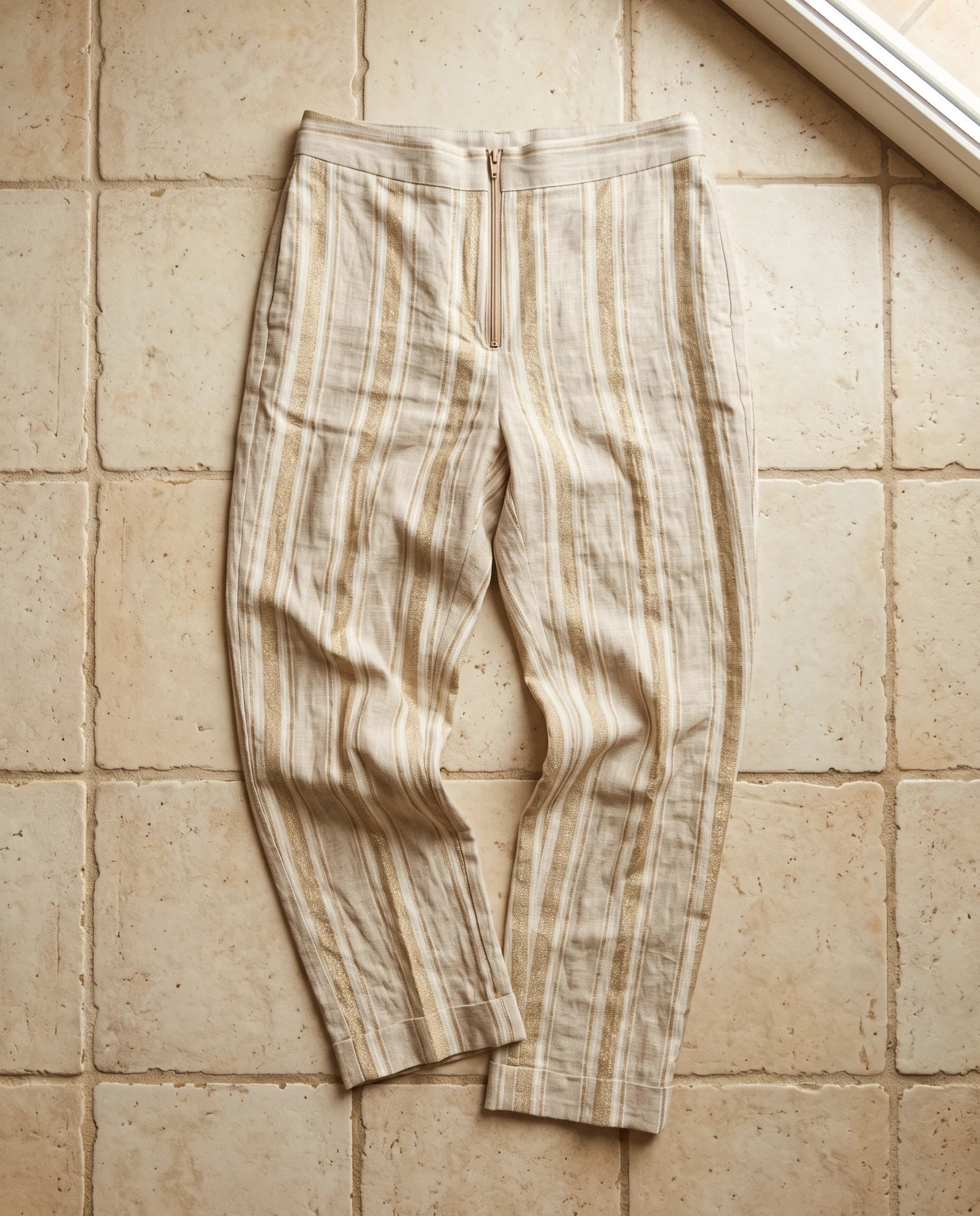 Sand Beige Gold-Stripe Tapered Linen Trousers — Sand Beige Natural Ecru with Metallic — the linen edit — VAUDRE numbered luxury — view 5