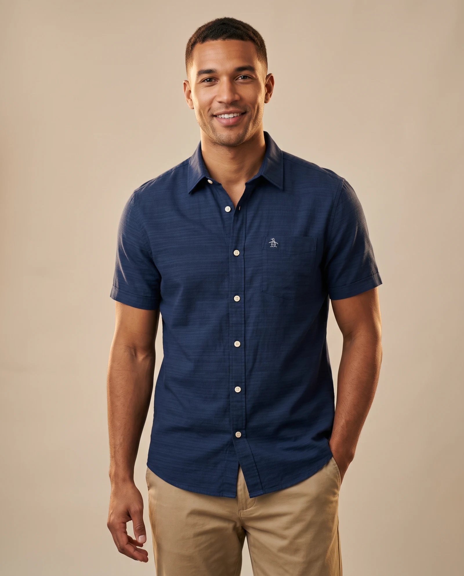 Navy Slub-Texture Short-Sleeve Cotton Shirt — Navy Blue Indigo Navy — the shirt (casual/formal) — VAUDRE numbered luxury — view 2
