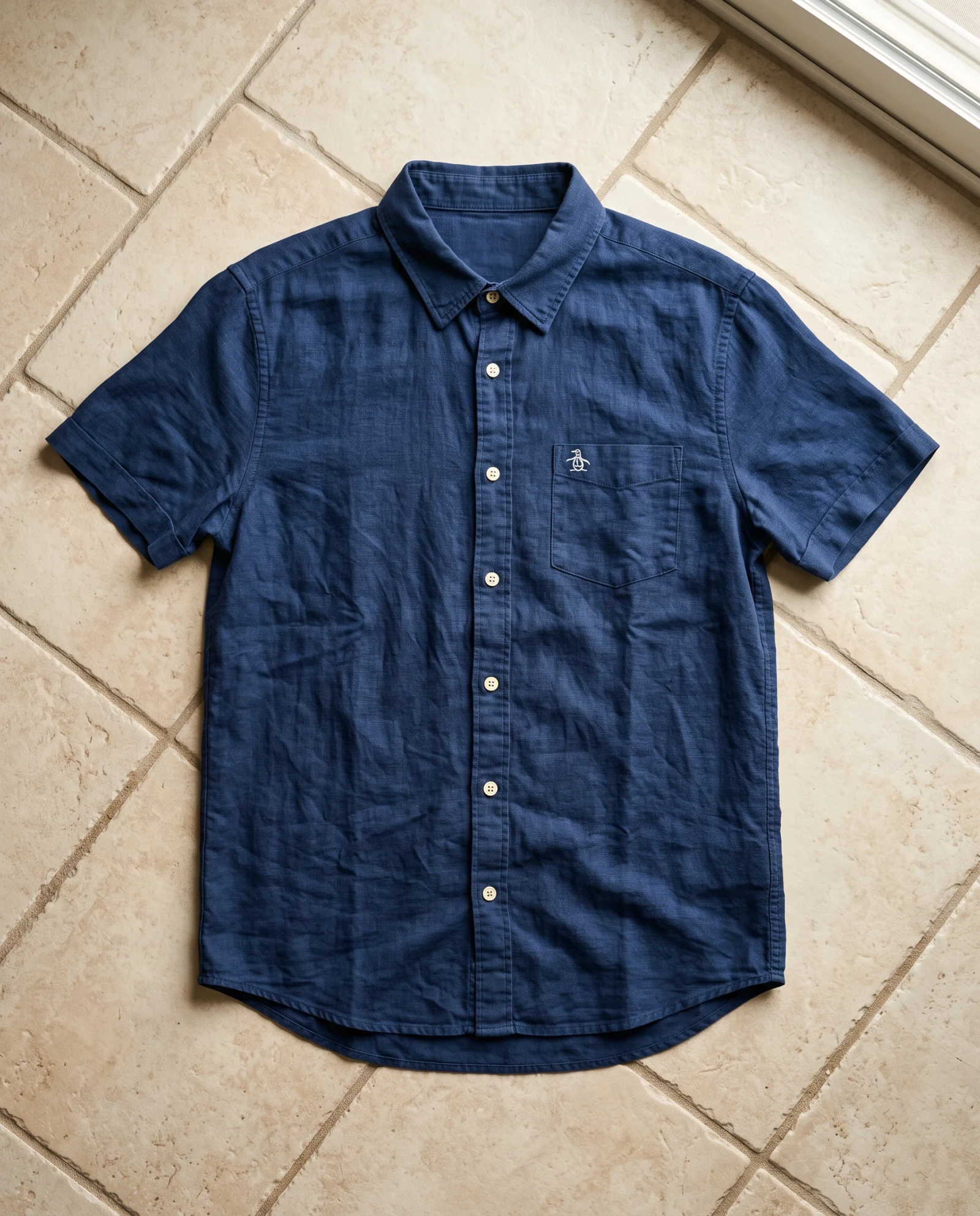 Navy Slub-Texture Short-Sleeve Cotton Shirt — Navy Blue Indigo Navy — the shirt (casual/formal) — VAUDRE numbered luxury — view 4