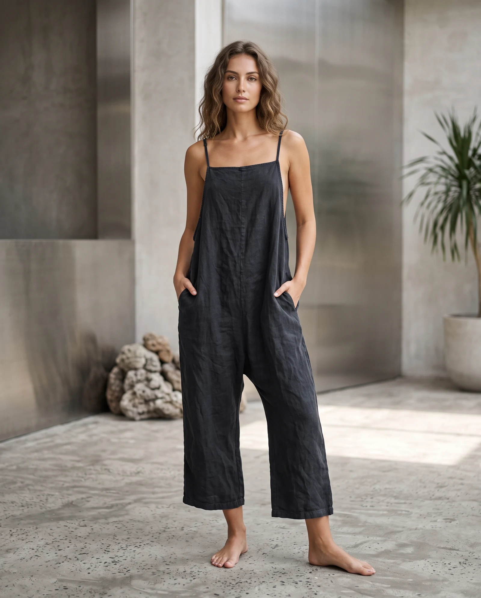 Charcoal Black Relaxed Linen Jumpsuit — Charcoal Black Washed Slate — the linen edit — VAUDRE numbered luxury — view 2