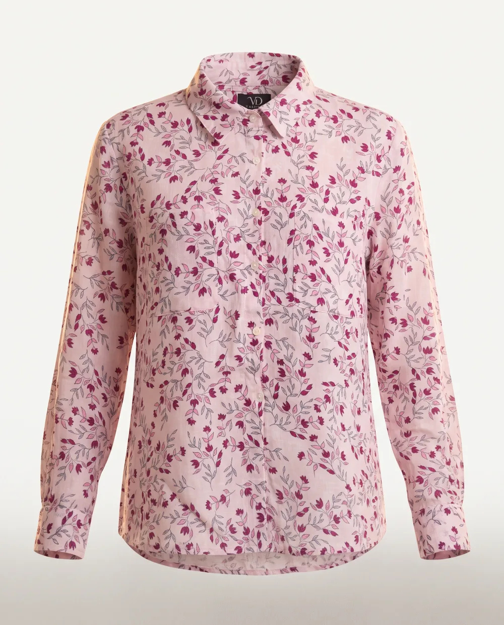 Blush Pink Floral Long-Sleeve Cotton Shirt — Blush Pink Soft Rose with Magenta & Be — the blouses — VAUDRE numbered luxury