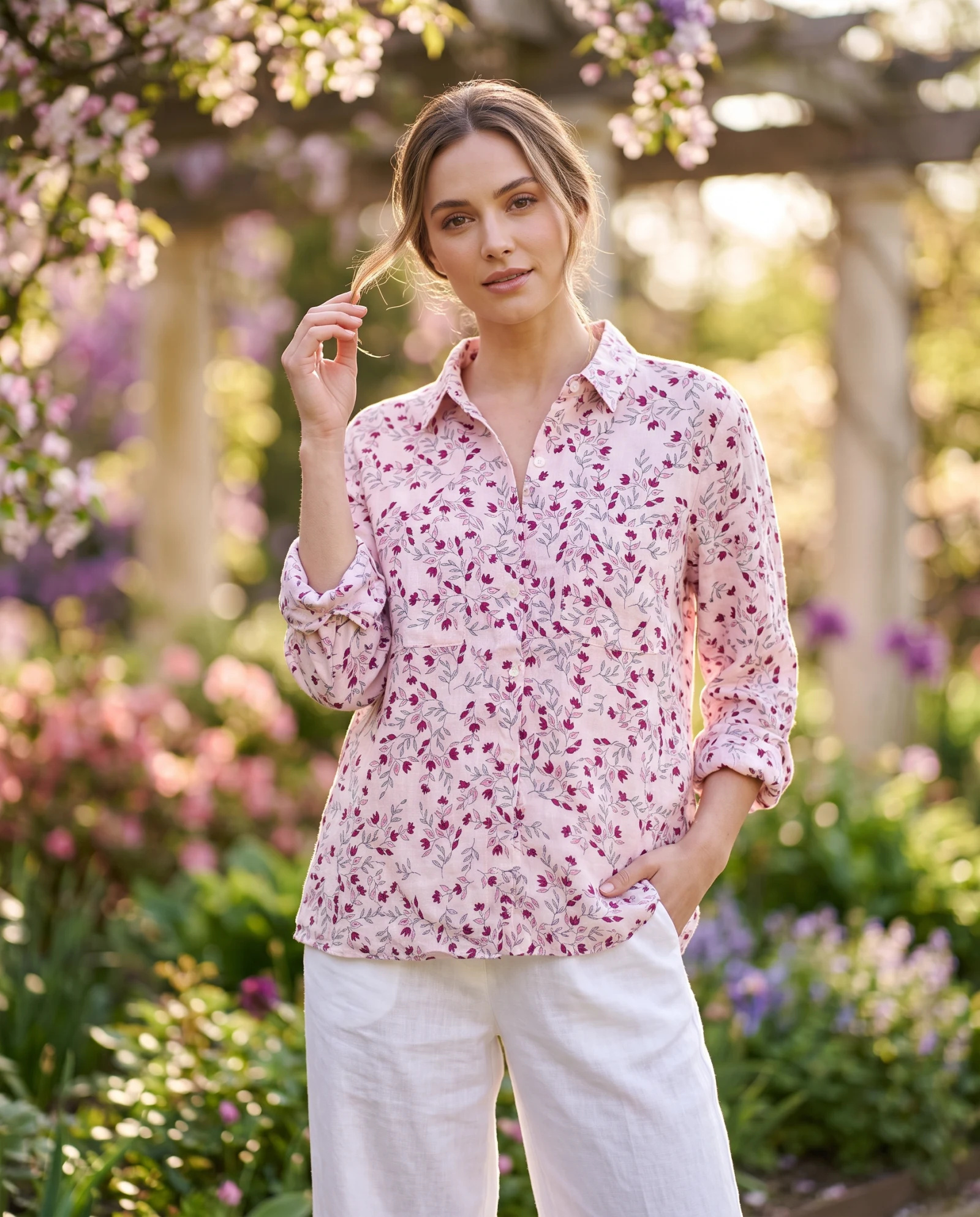 Blush Pink Floral Long-Sleeve Cotton Shirt — Blush Pink Soft Rose with Magenta & Be — the blouses — VAUDRE numbered luxury — view 2