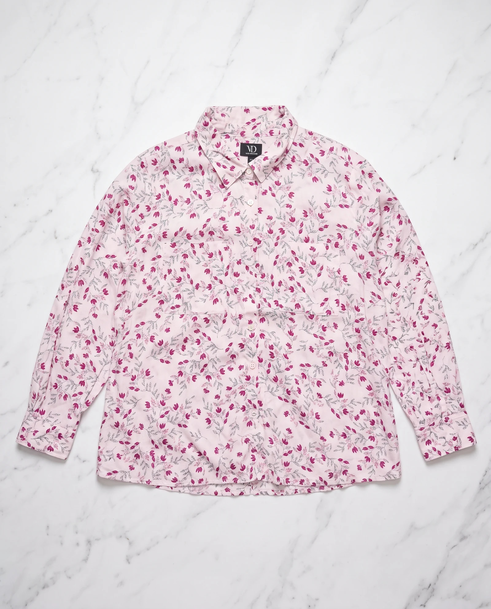 Blush Pink Floral Long-Sleeve Cotton Shirt — Blush Pink Soft Rose with Magenta & Be — the blouses — VAUDRE numbered luxury — view 3