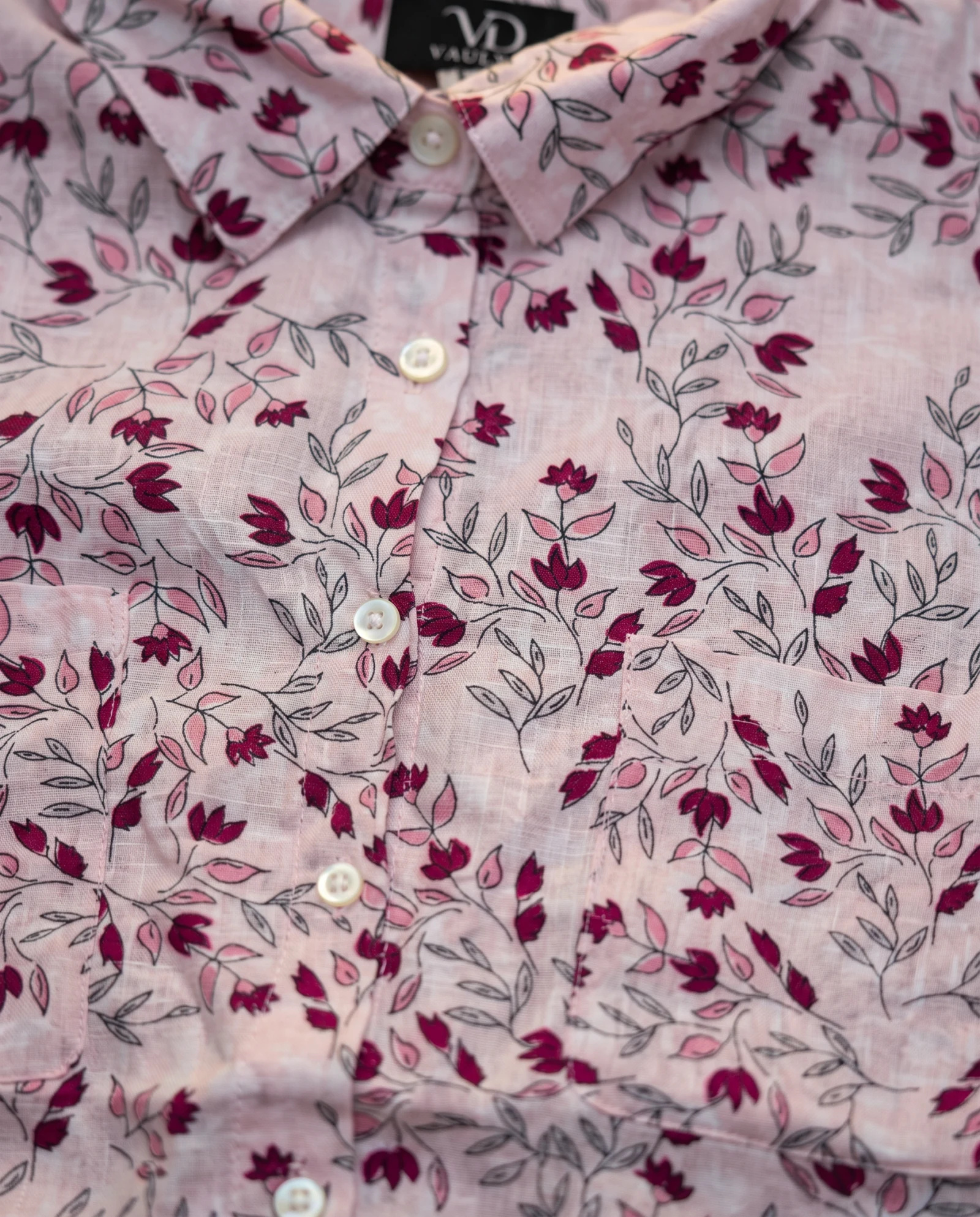 Blush Pink Floral Long-Sleeve Cotton Shirt — Blush Pink Soft Rose with Magenta & Be — the blouses — VAUDRE numbered luxury — view 4