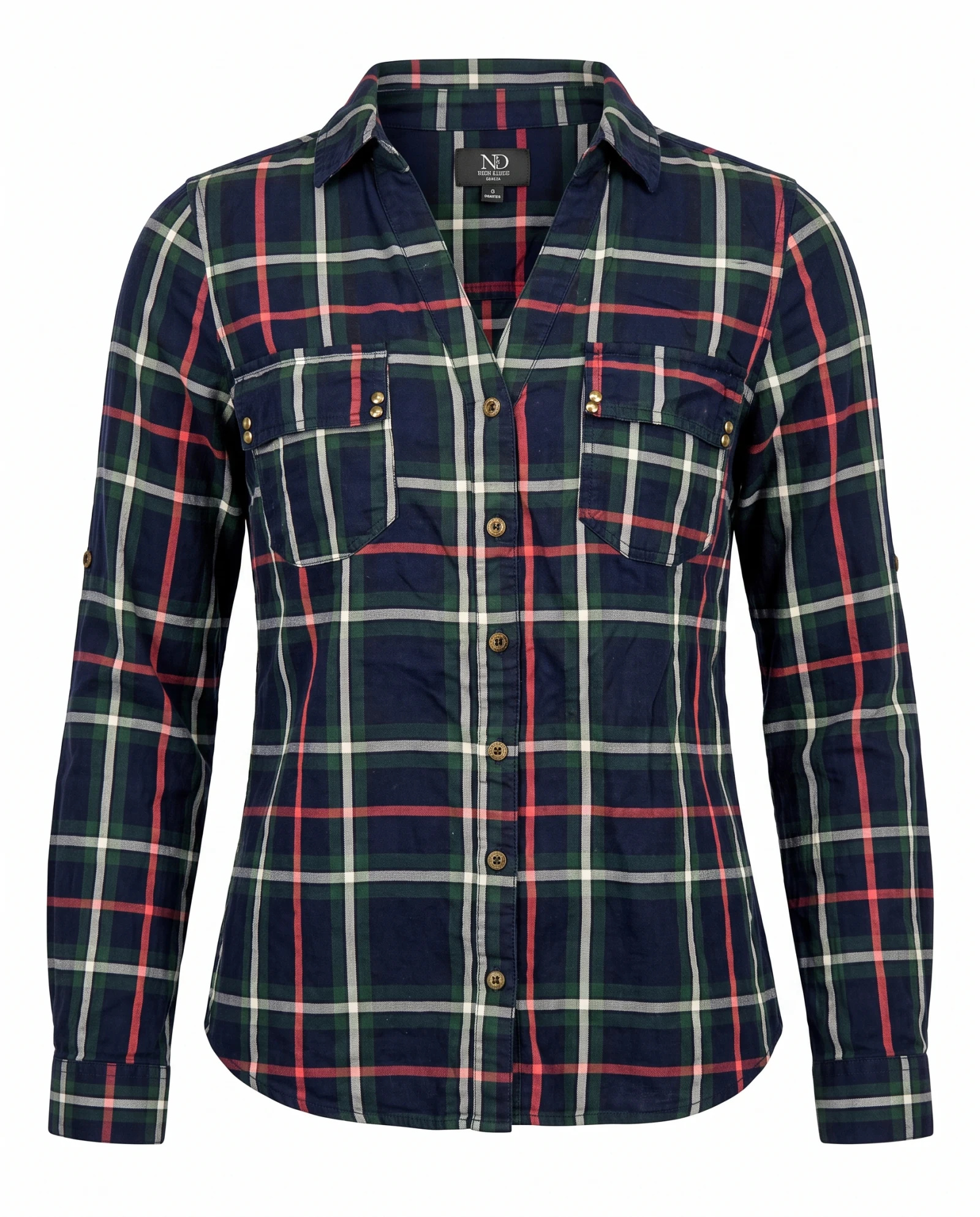 Navy Green Tartan Check Long-Sleeve Flannel Shirt — Navy Blue Forest Green Tartan with Red — the blouses — VAUDRE numbered luxury