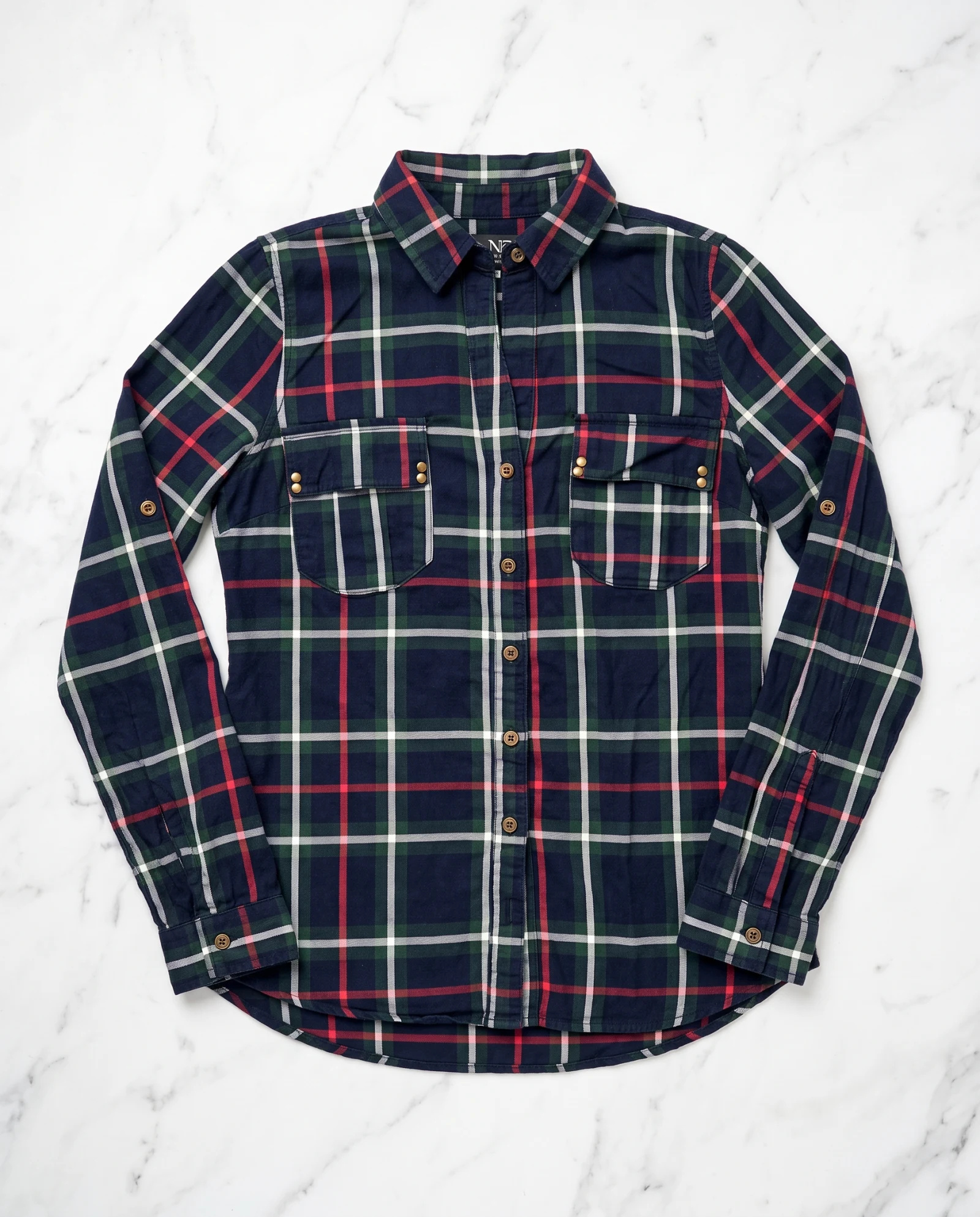 Navy Green Tartan Check Long-Sleeve Flannel Shirt — Navy Blue Forest Green Tartan with Red — the blouses — VAUDRE numbered luxury — view 3