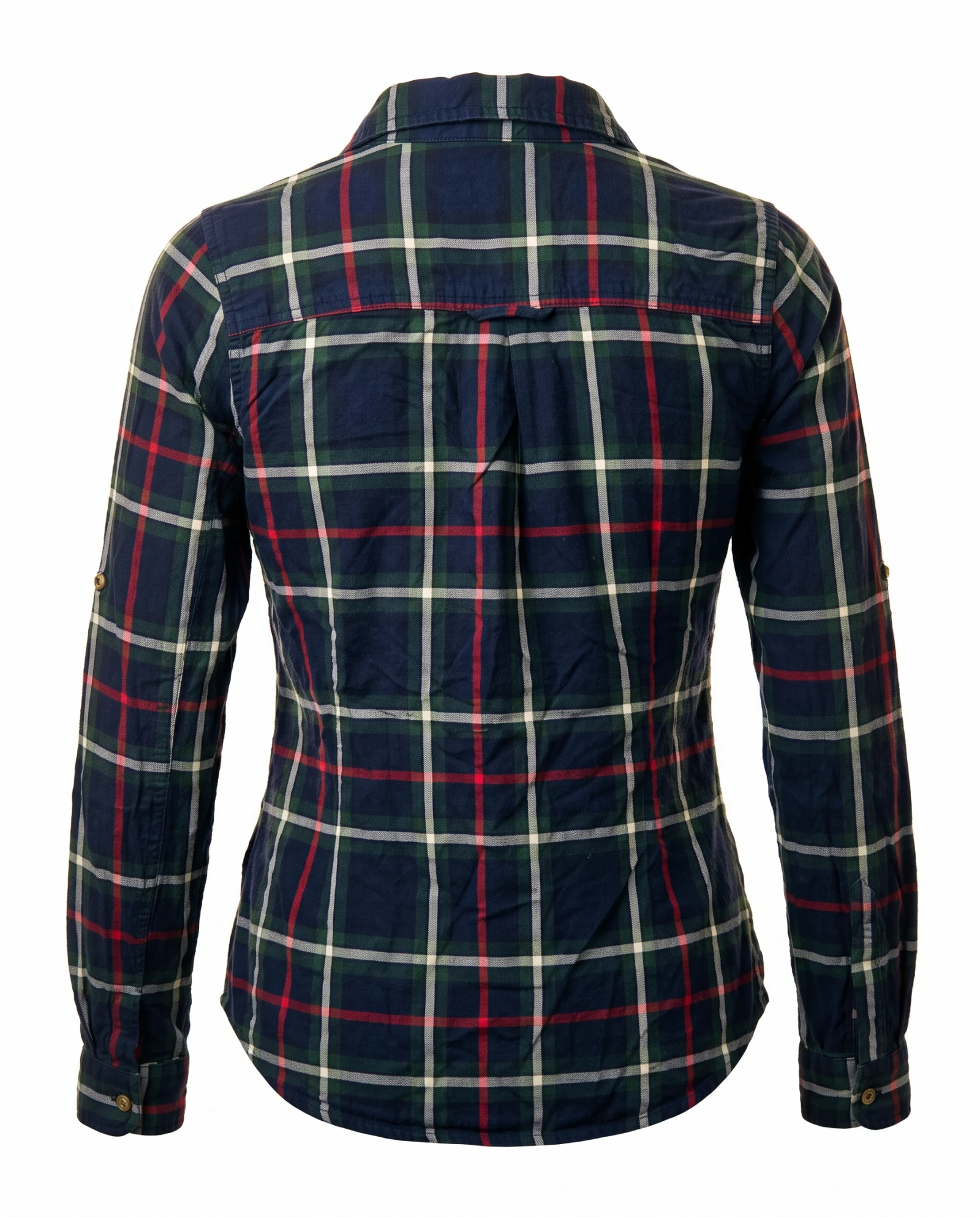 Navy Green Tartan Check Long-Sleeve Flannel Shirt — Navy Blue Forest Green Tartan with Red — the blouses — VAUDRE numbered luxury — view 4