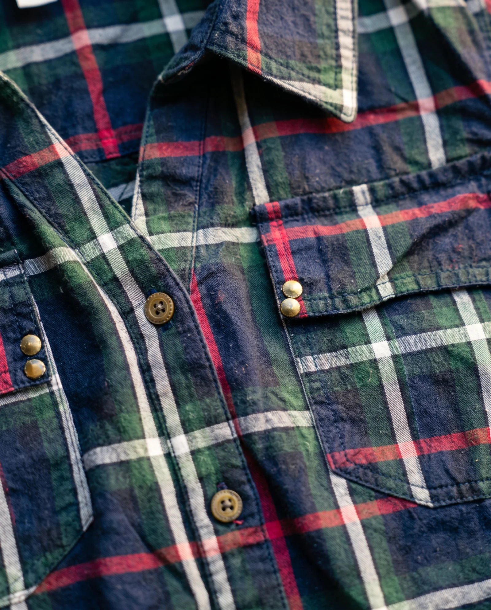 Navy Green Tartan Check Long-Sleeve Flannel Shirt — Navy Blue Forest Green Tartan with Red — the blouses — VAUDRE numbered luxury — view 5