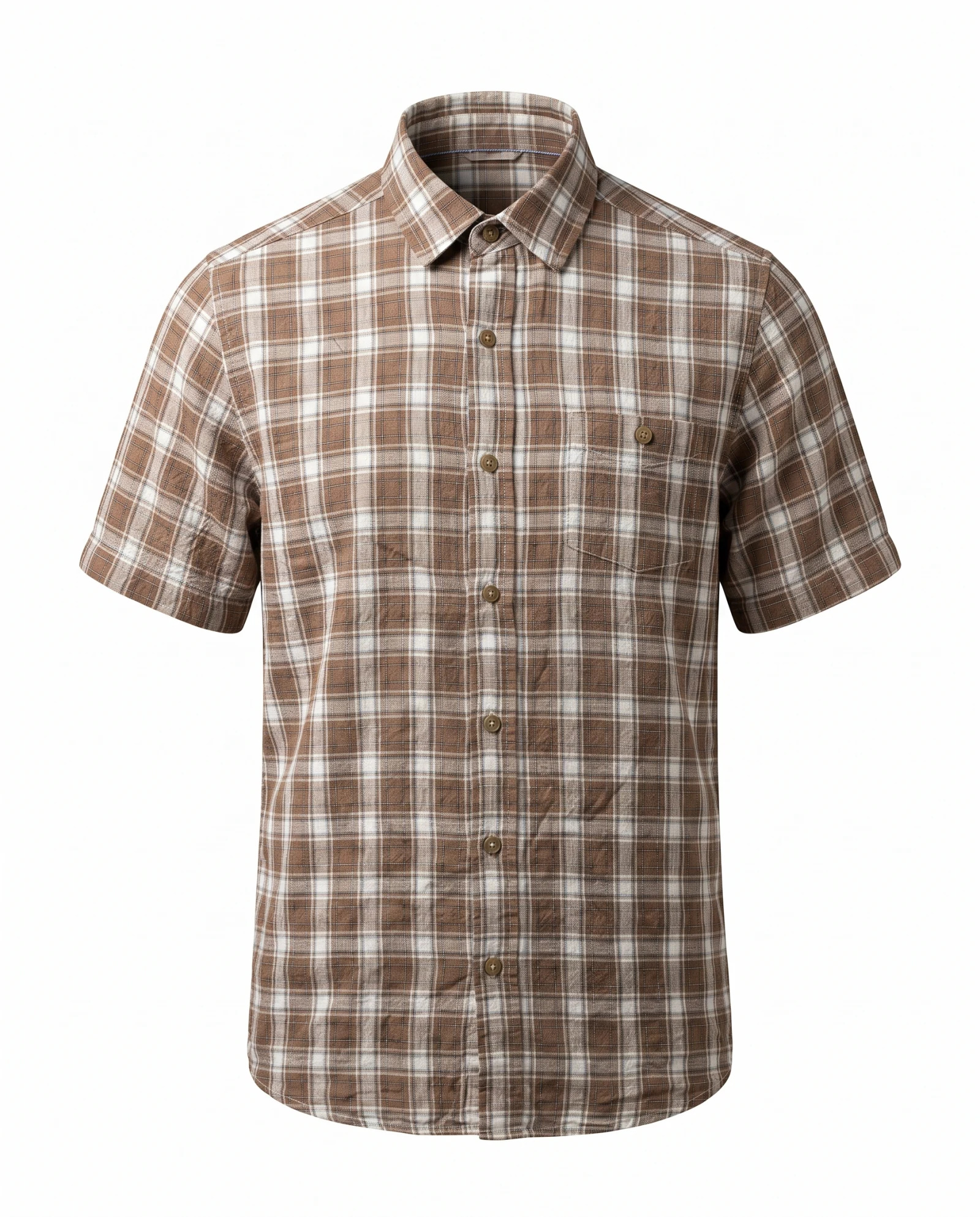 Tobacco Brown Plaid Short-Sleeve Cotton Shirt — Tobacco Brown Tan with Ivory White Pla — the shirt (casual/formal) — VAUDRE numbered luxury
