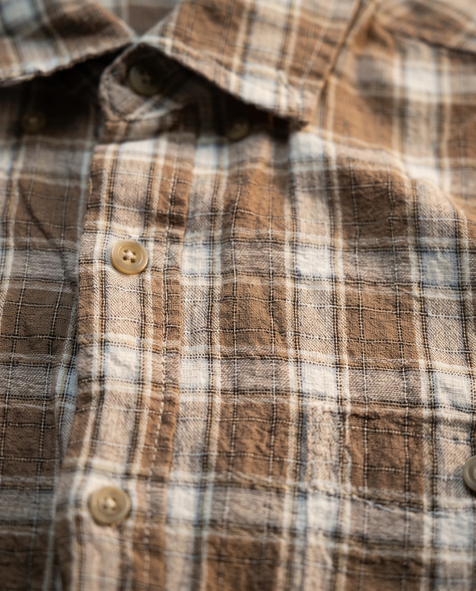 Tobacco Brown Plaid Short-Sleeve Cotton Shirt — Tobacco Brown Tan with Ivory White Pla — the shirt (casual/formal) — VAUDRE numbered luxury — view 3