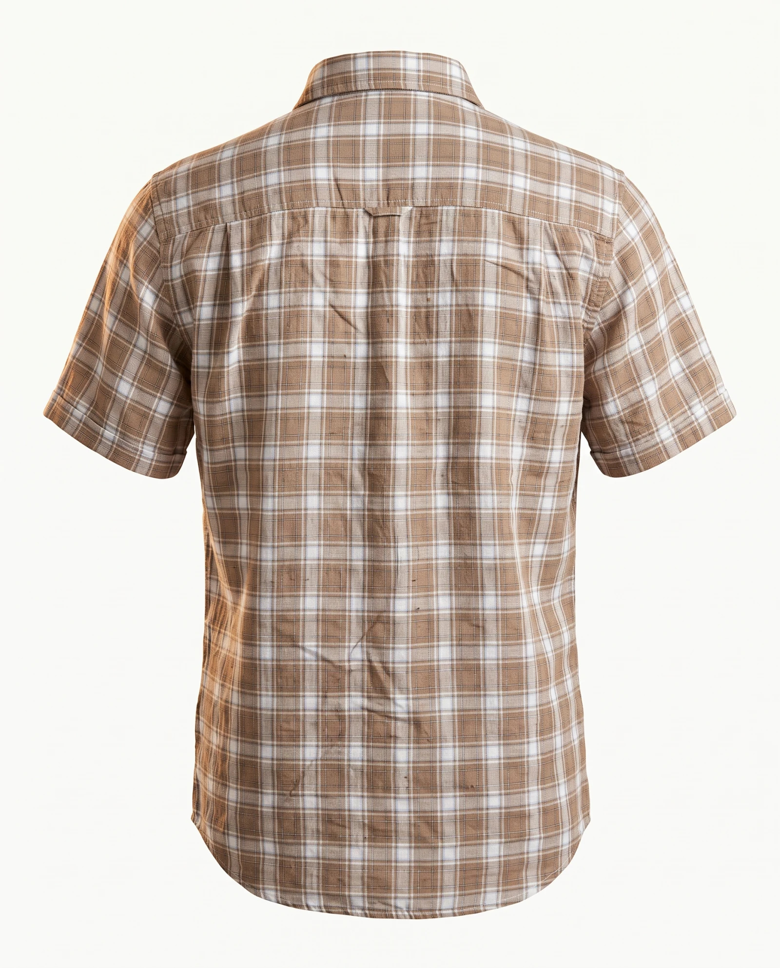 Tobacco Brown Plaid Short-Sleeve Cotton Shirt — Tobacco Brown Tan with Ivory White Pla — the shirt (casual/formal) — VAUDRE numbered luxury — view 4