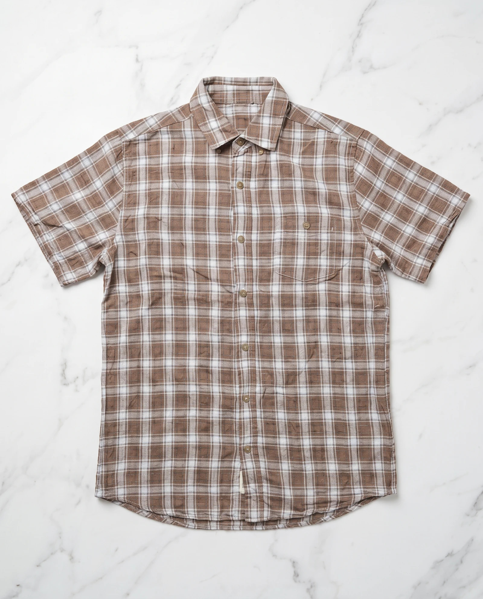 Tobacco Brown Plaid Short-Sleeve Cotton Shirt — Tobacco Brown Tan with Ivory White Pla — the shirt (casual/formal) — VAUDRE numbered luxury — view 5