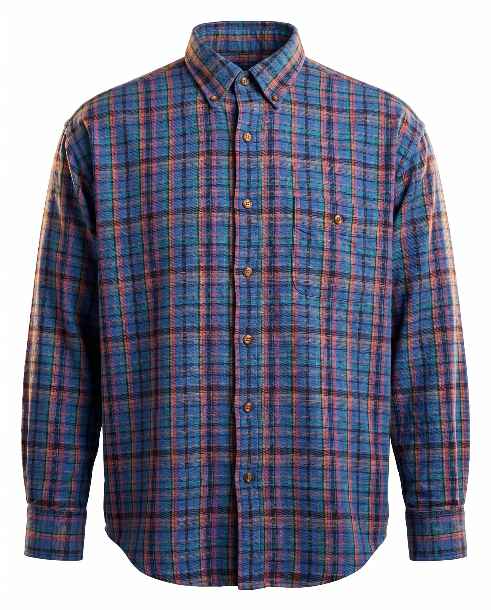 Cobalt Blue Multi-Check Long-Sleeve Flannel Shirt — Cobalt Blue Royal Blue with Teal Cora — the casual t-shirt — VAUDRE numbered luxury