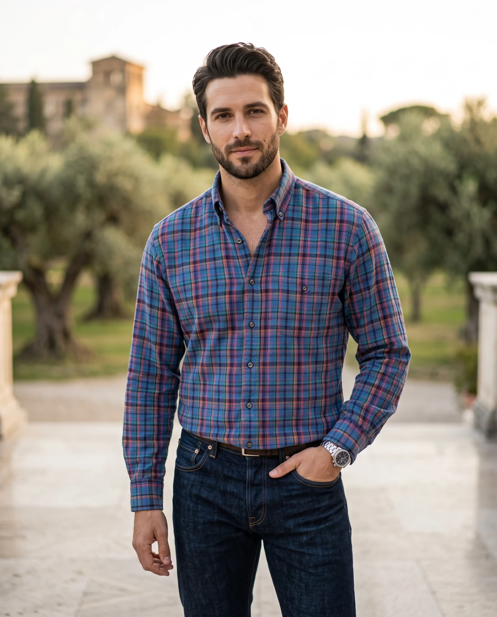 Cobalt Blue Multi-Check Long-Sleeve Flannel Shirt — Cobalt Blue Royal Blue with Teal Cora — the casual t-shirt — VAUDRE numbered luxury — view 2