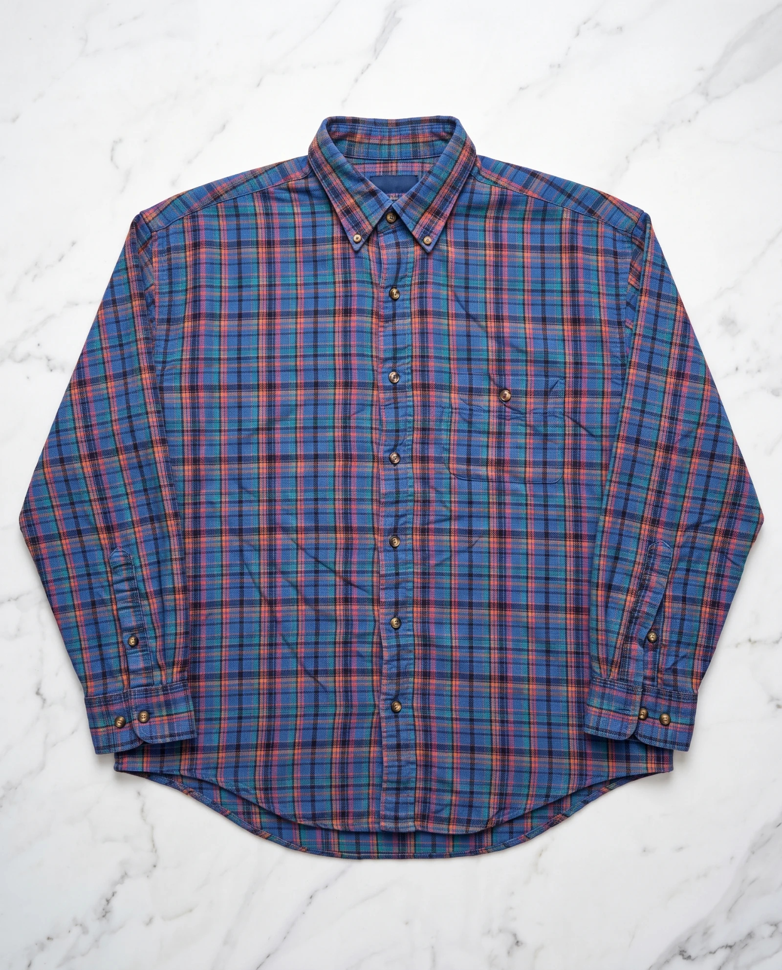 Cobalt Blue Multi-Check Long-Sleeve Flannel Shirt — Cobalt Blue Royal Blue with Teal Cora — the casual t-shirt — VAUDRE numbered luxury — view 4
