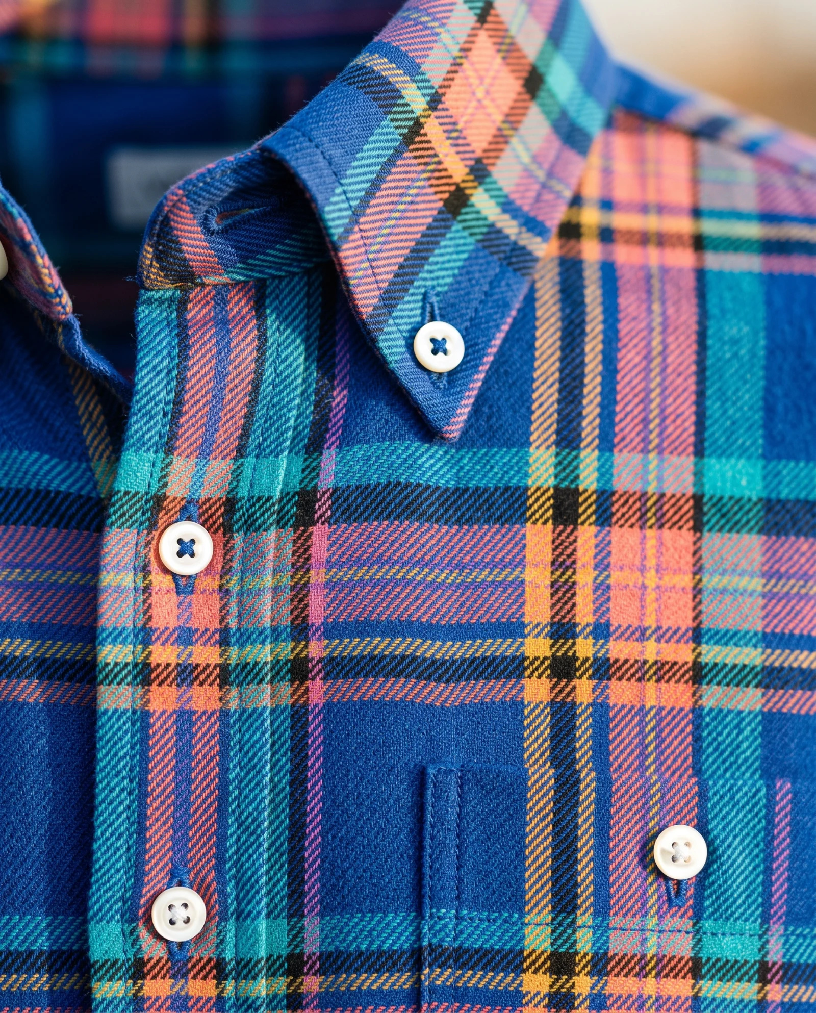 Cobalt Blue Multi-Check Long-Sleeve Flannel Shirt — Cobalt Blue Royal Blue with Teal Cora — the casual t-shirt — VAUDRE numbered luxury — view 5