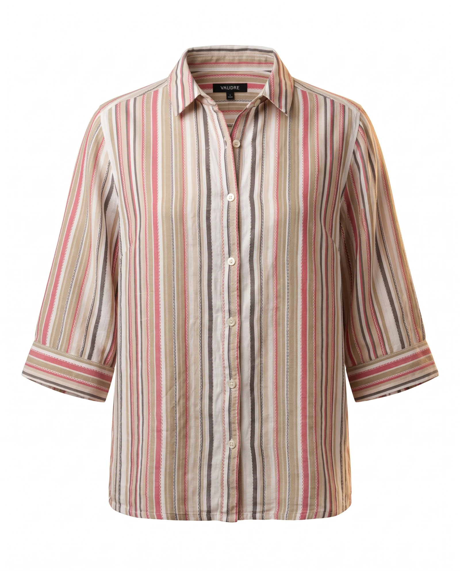Coral Sand Multi-Stripe Three-Quarter Sleeve Cotton Shirt — Coral Pink Sand Beige with Ivory Taup — the blouses — VAUDRE numbered luxury