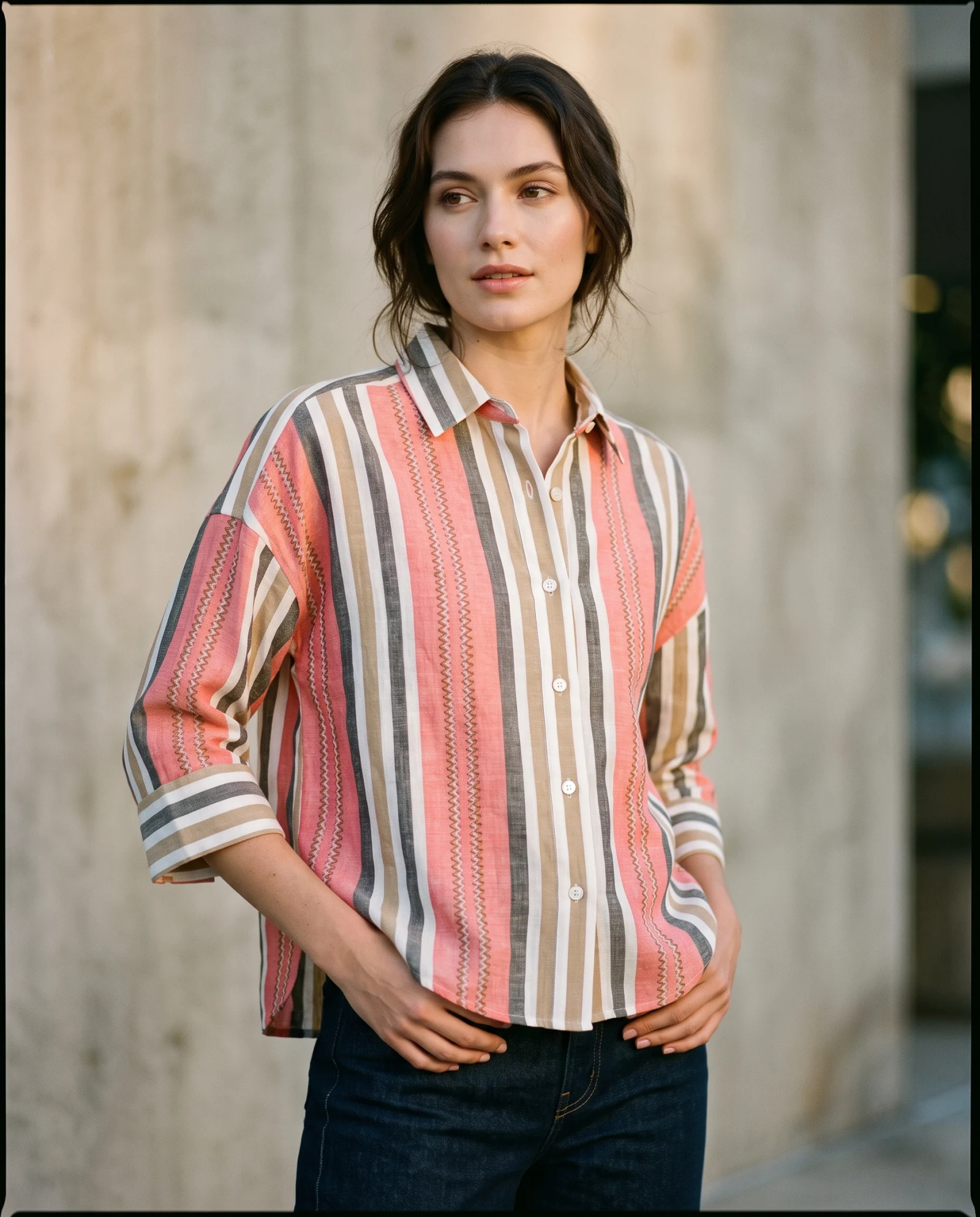Coral Sand Multi-Stripe Three-Quarter Sleeve Cotton Shirt — Coral Pink Sand Beige with Ivory Taup — the blouses — VAUDRE numbered luxury — view 2