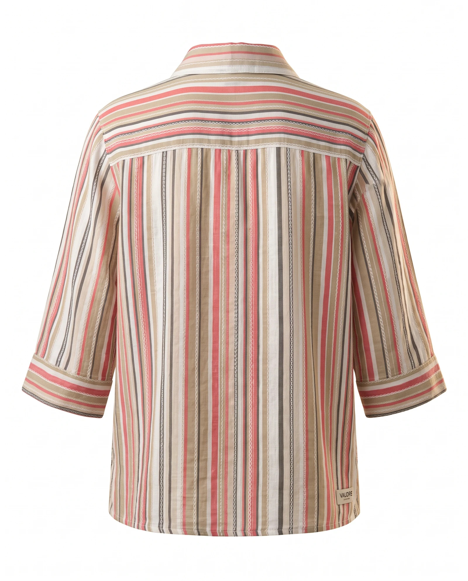 Coral Sand Multi-Stripe Three-Quarter Sleeve Cotton Shirt — Coral Pink Sand Beige with Ivory Taup — the blouses — VAUDRE numbered luxury — view 3