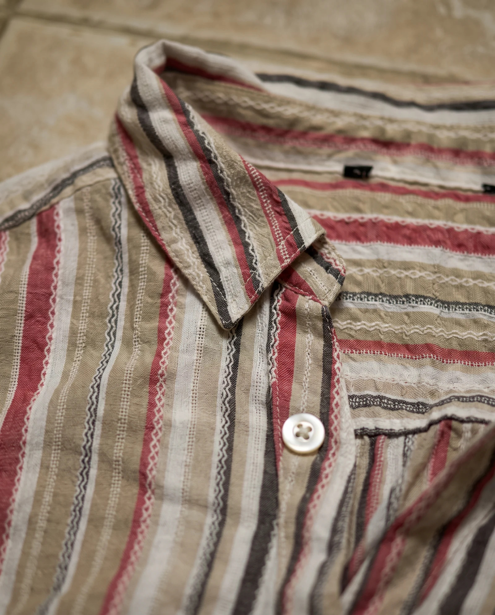 Coral Sand Multi-Stripe Three-Quarter Sleeve Cotton Shirt — Coral Pink Sand Beige with Ivory Taup — the blouses — VAUDRE numbered luxury — view 4