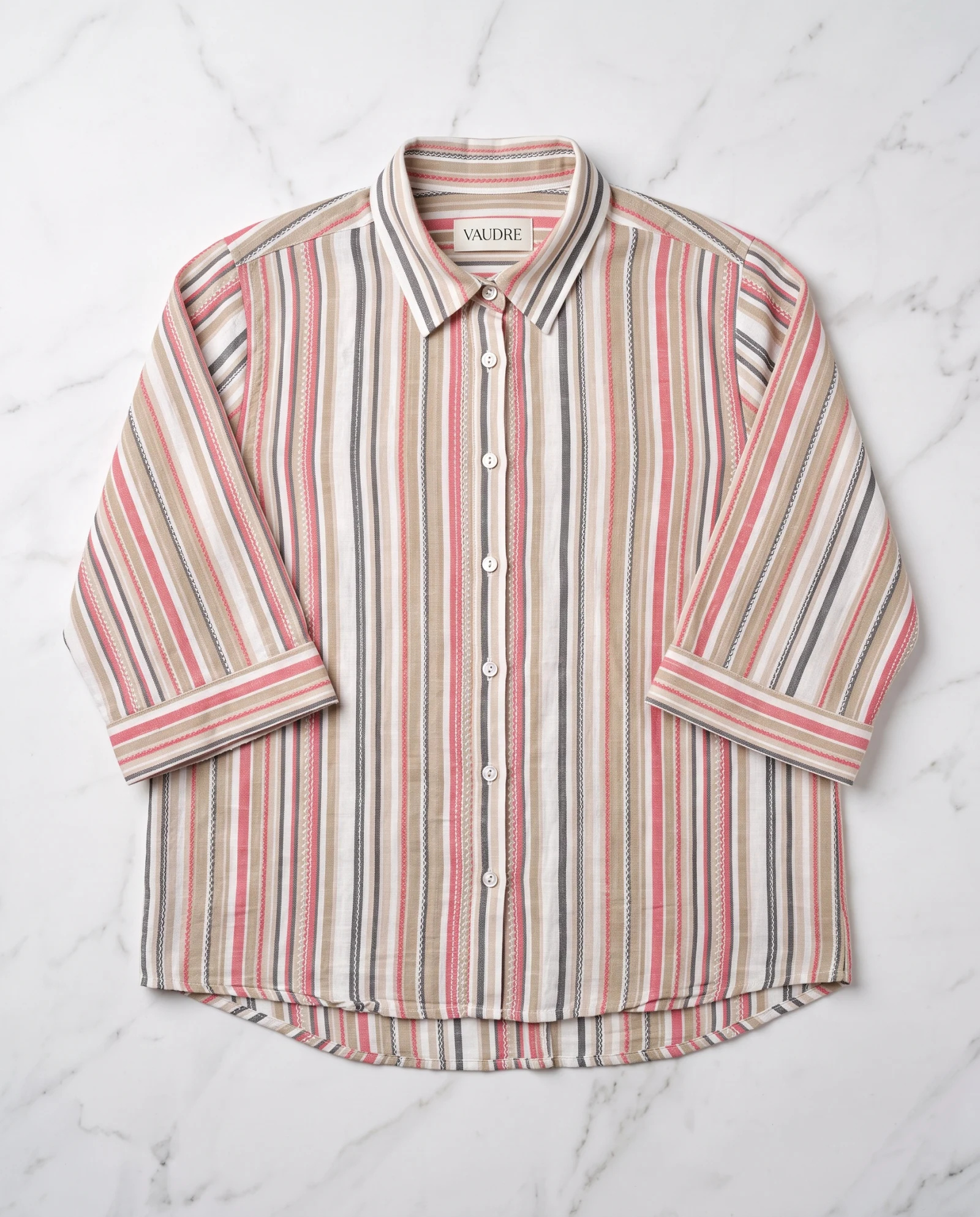 Coral Sand Multi-Stripe Three-Quarter Sleeve Cotton Shirt — Coral Pink Sand Beige with Ivory Taup — the blouses — VAUDRE numbered luxury — view 5