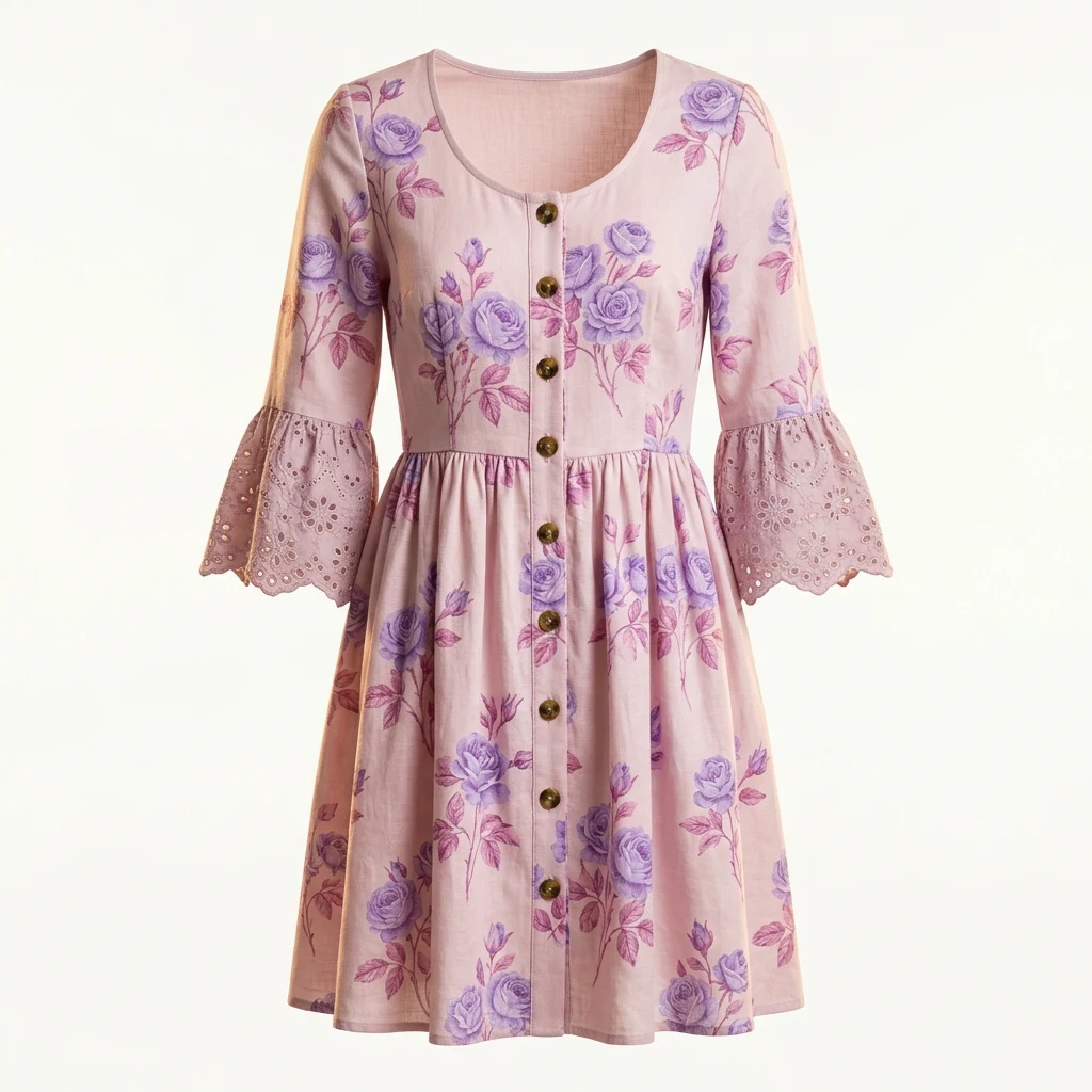 Dusty Rose Floral Bell-Sleeve Cotton Dress — Dusty Rose Blush Pink with Lavender‑Pu — resort wear — VAUDRE numbered luxury