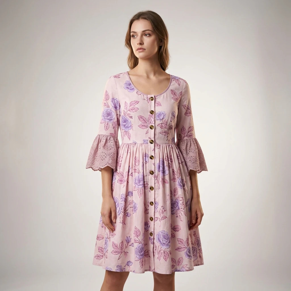 Dusty Rose Floral Bell-Sleeve Cotton Dress — Dusty Rose Blush Pink with Lavender‑Pu — resort wear — VAUDRE numbered luxury — view 2