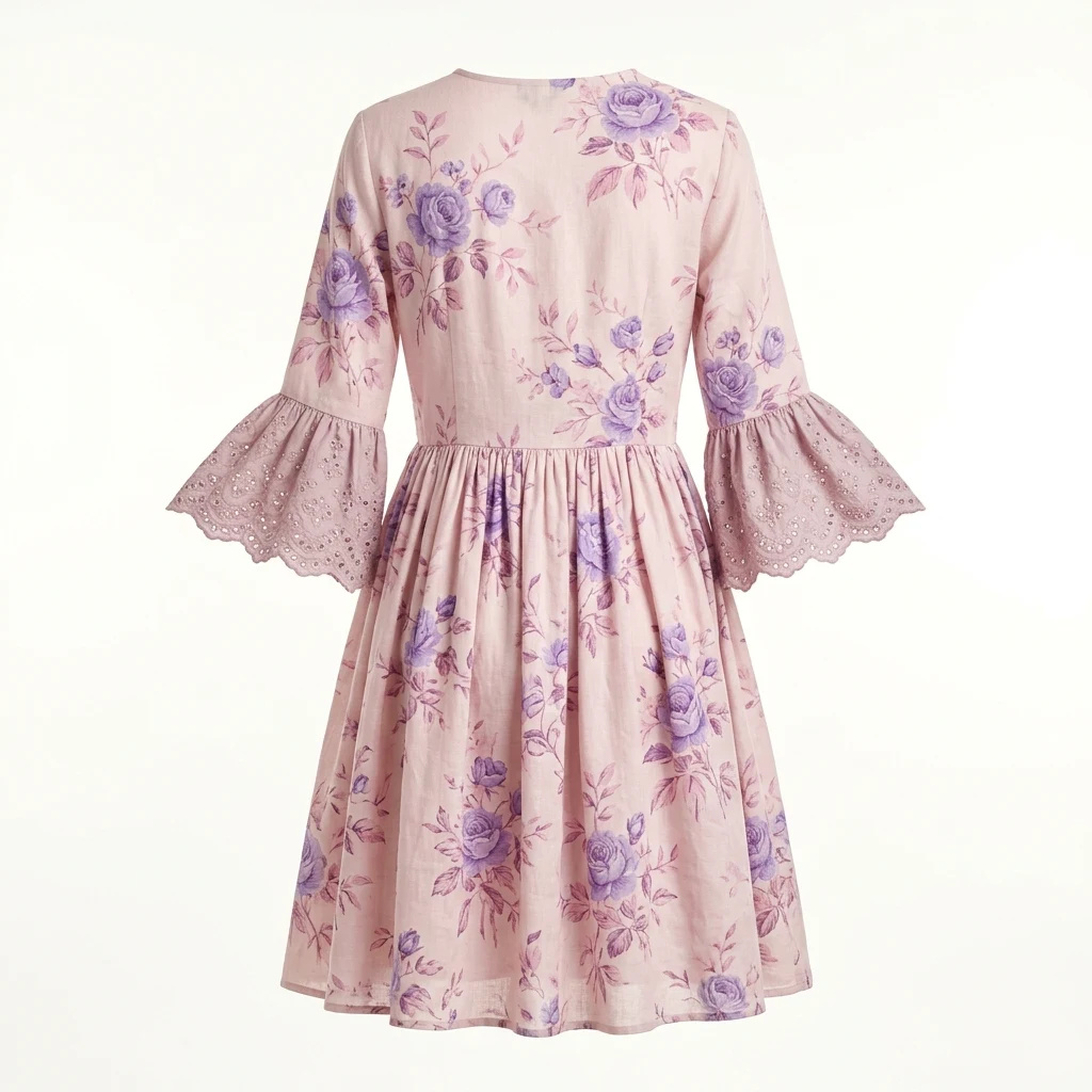 Dusty Rose Floral Bell-Sleeve Cotton Dress — Dusty Rose Blush Pink with Lavender‑Pu — resort wear — VAUDRE numbered luxury — view 3