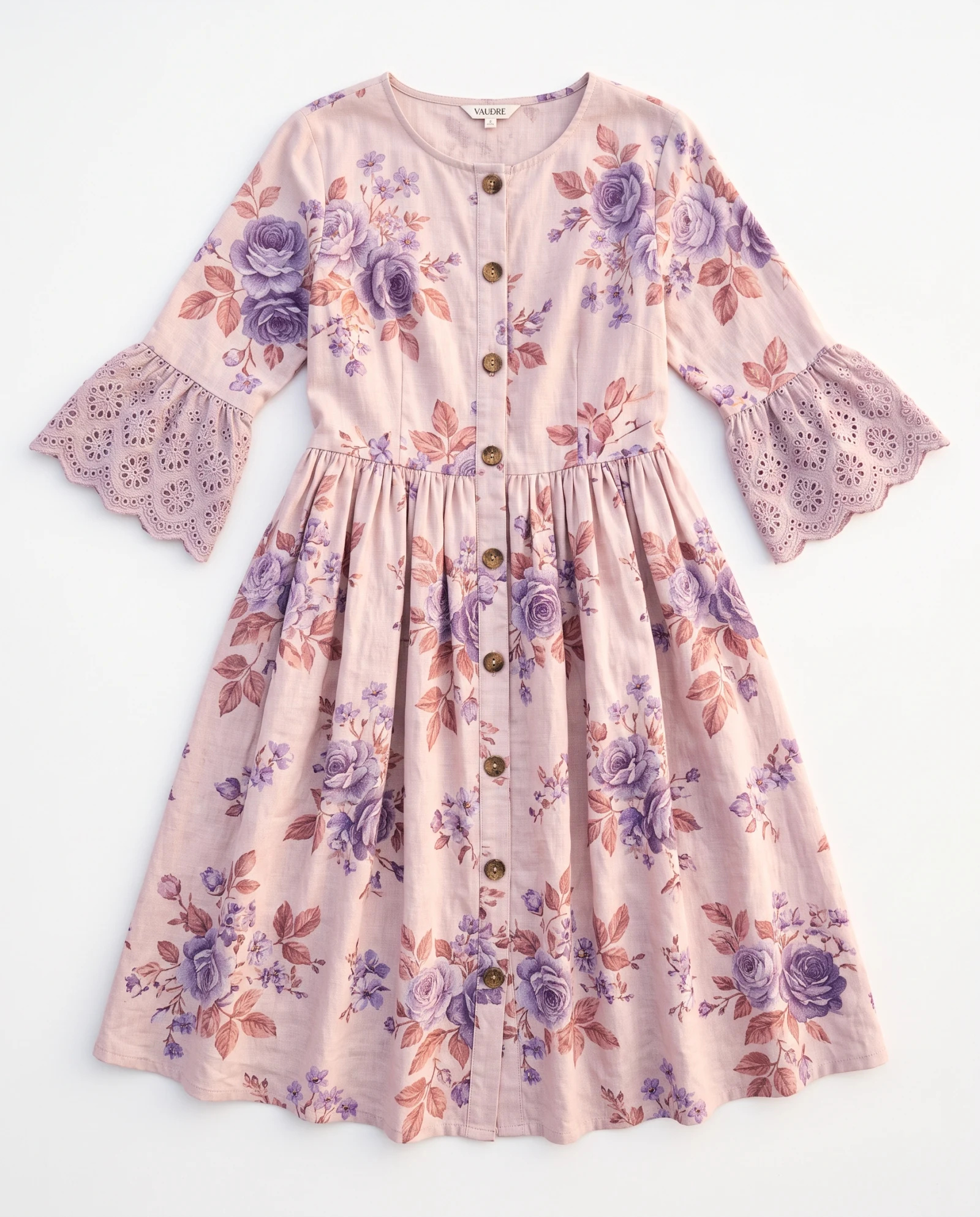 Dusty Rose Floral Bell-Sleeve Cotton Dress — Dusty Rose Blush Pink with Lavender‑Pu — resort wear — VAUDRE numbered luxury — view 4