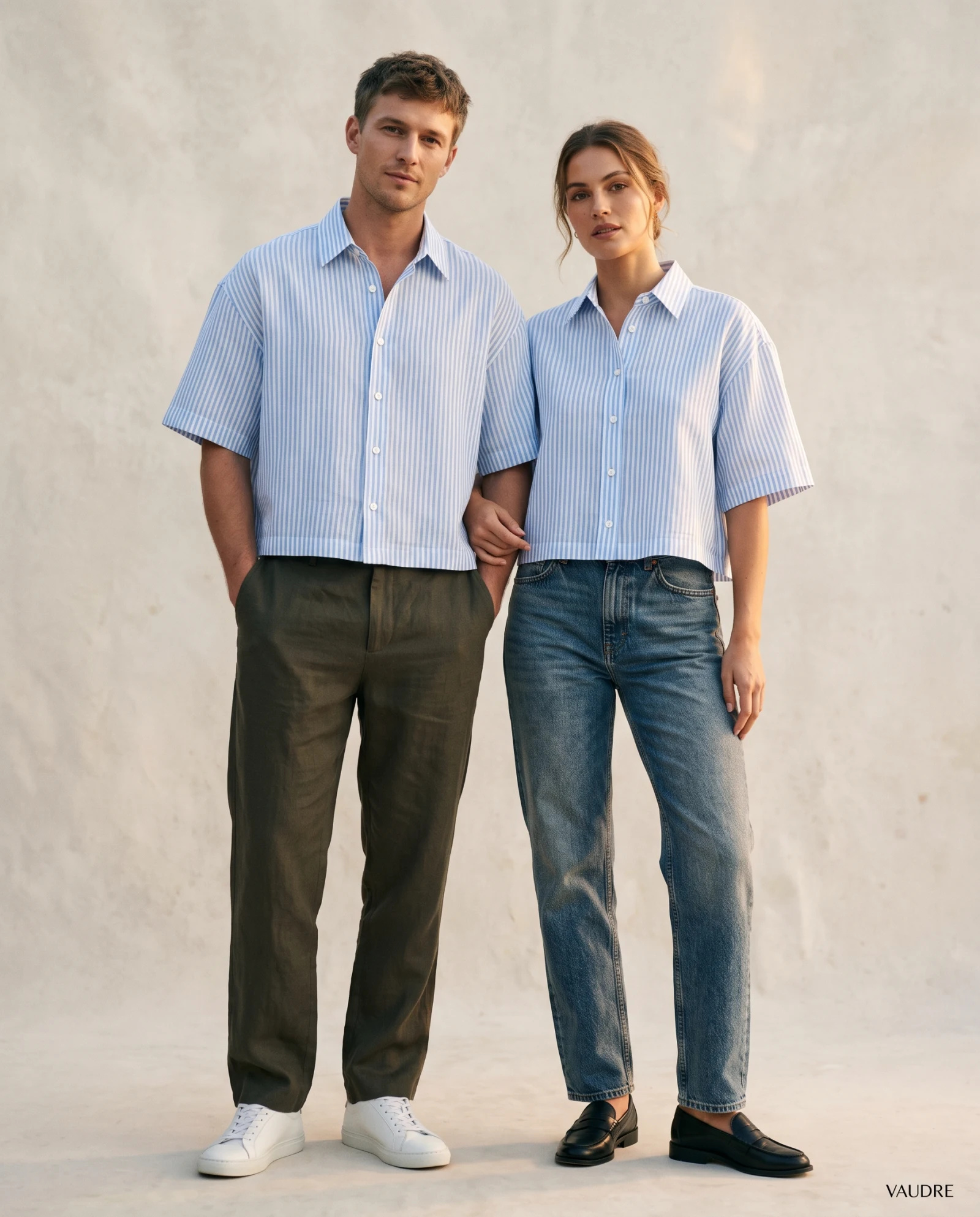 Sky Blue Bold-Stripe Short-Sleeve Cotton Shirt — Sky Blue Light Blue with Ivory White B — cropped shirts — VAUDRE numbered luxury