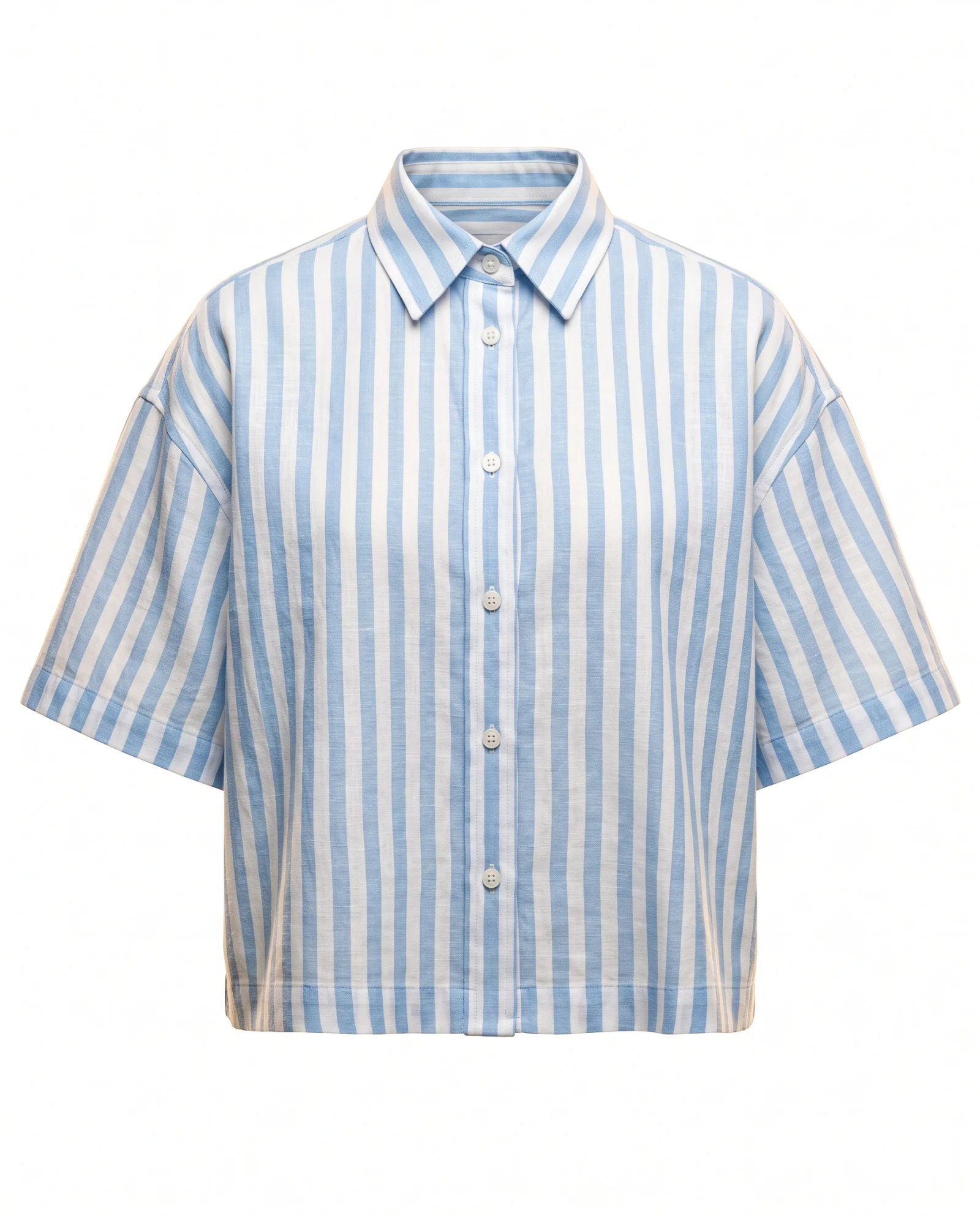 Sky Blue Bold-Stripe Short-Sleeve Cotton Shirt — Sky Blue Light Blue with Ivory White B — cropped shirts — VAUDRE numbered luxury — view 2