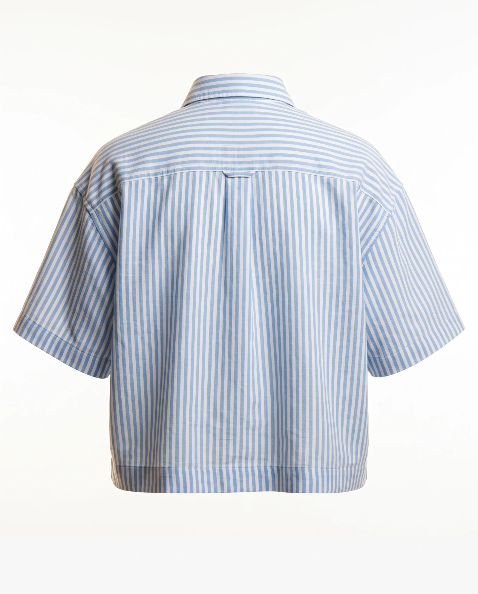 Sky Blue Bold-Stripe Short-Sleeve Cotton Shirt — Sky Blue Light Blue with Ivory White B — cropped shirts — VAUDRE numbered luxury — view 3