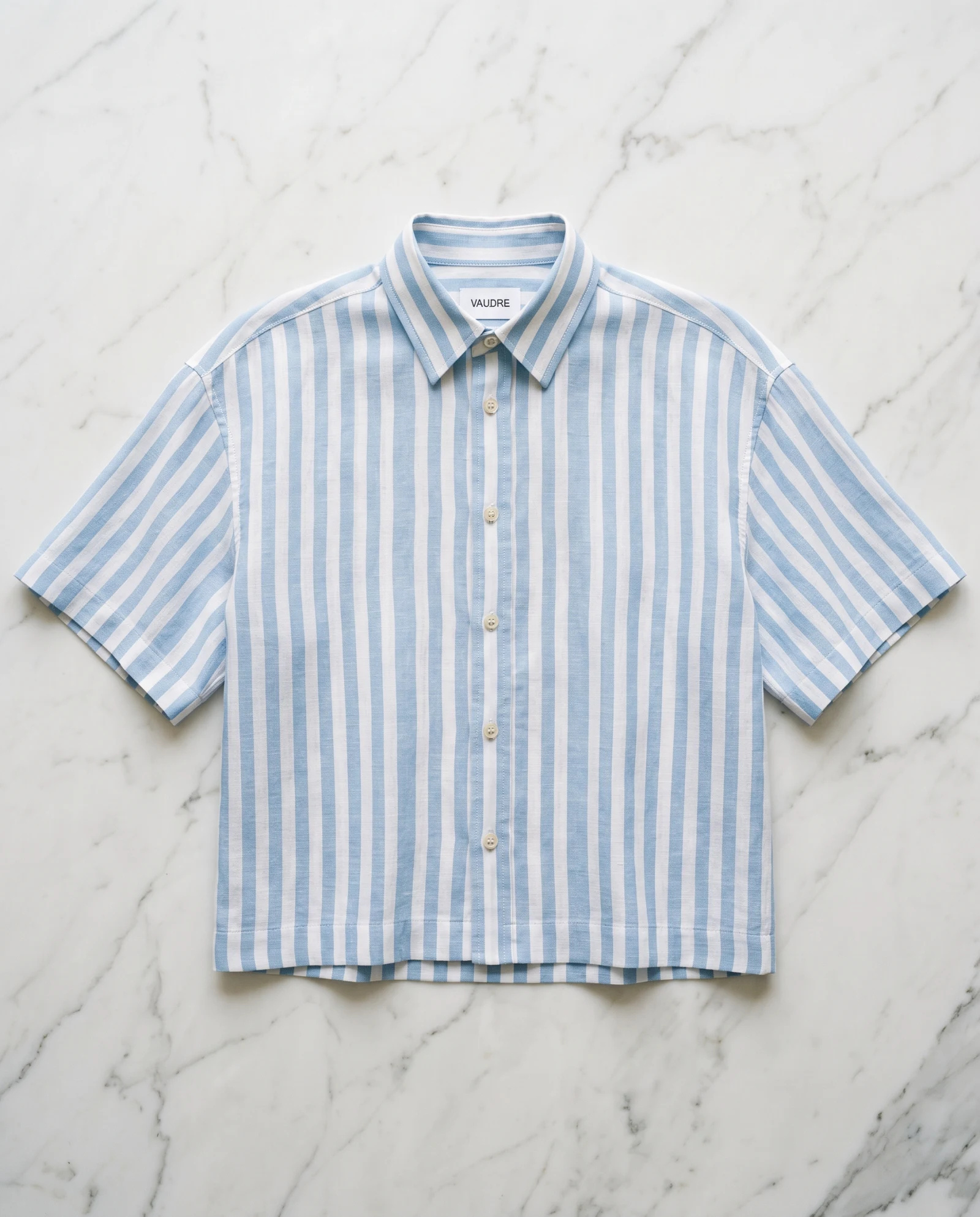 Sky Blue Bold-Stripe Short-Sleeve Cotton Shirt — Sky Blue Light Blue with Ivory White B — cropped shirts — VAUDRE numbered luxury — view 4